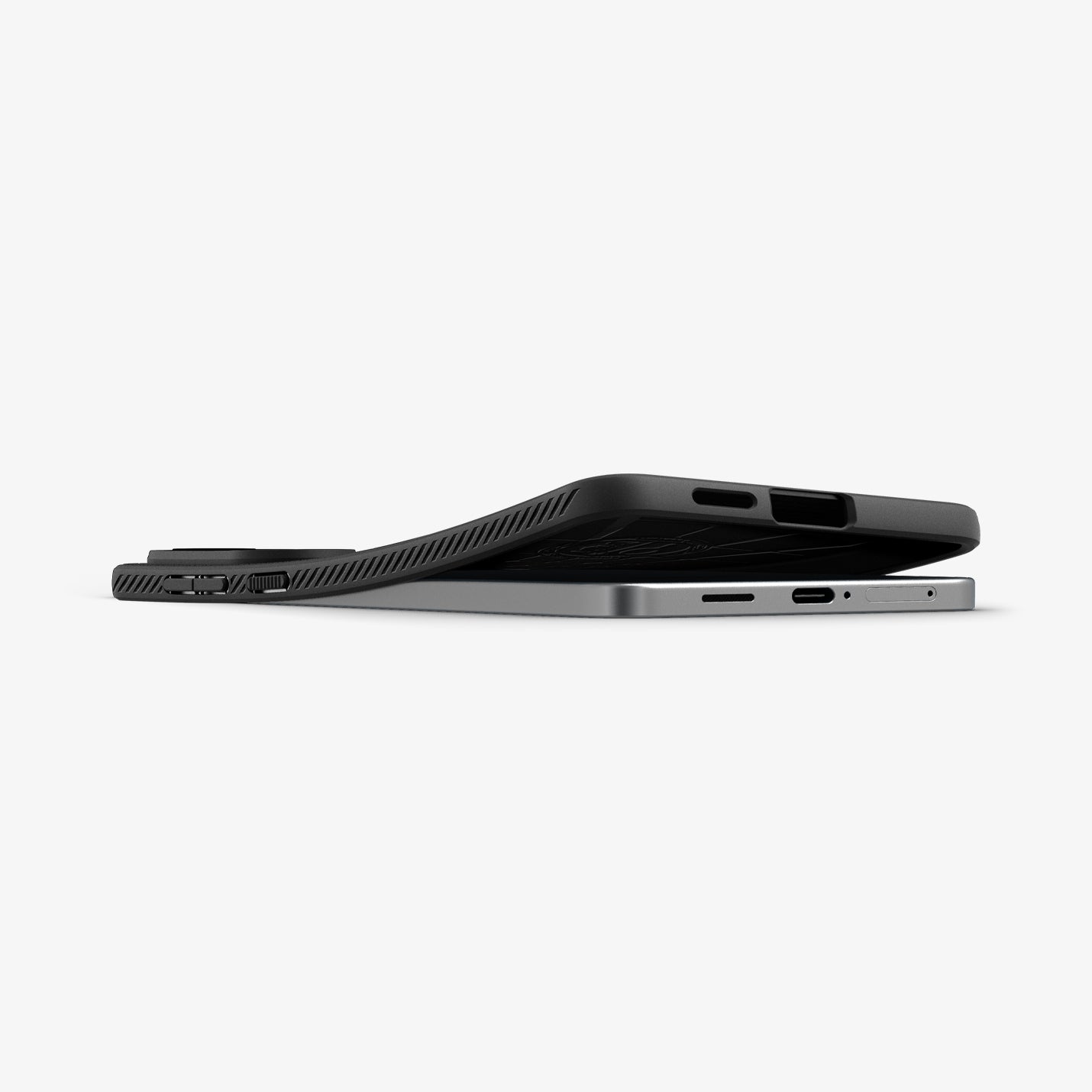 ACS09420 - Galaxy S25 Edge Case Liquid Air in Matte Black showing the side and bottom partially lifted from the device