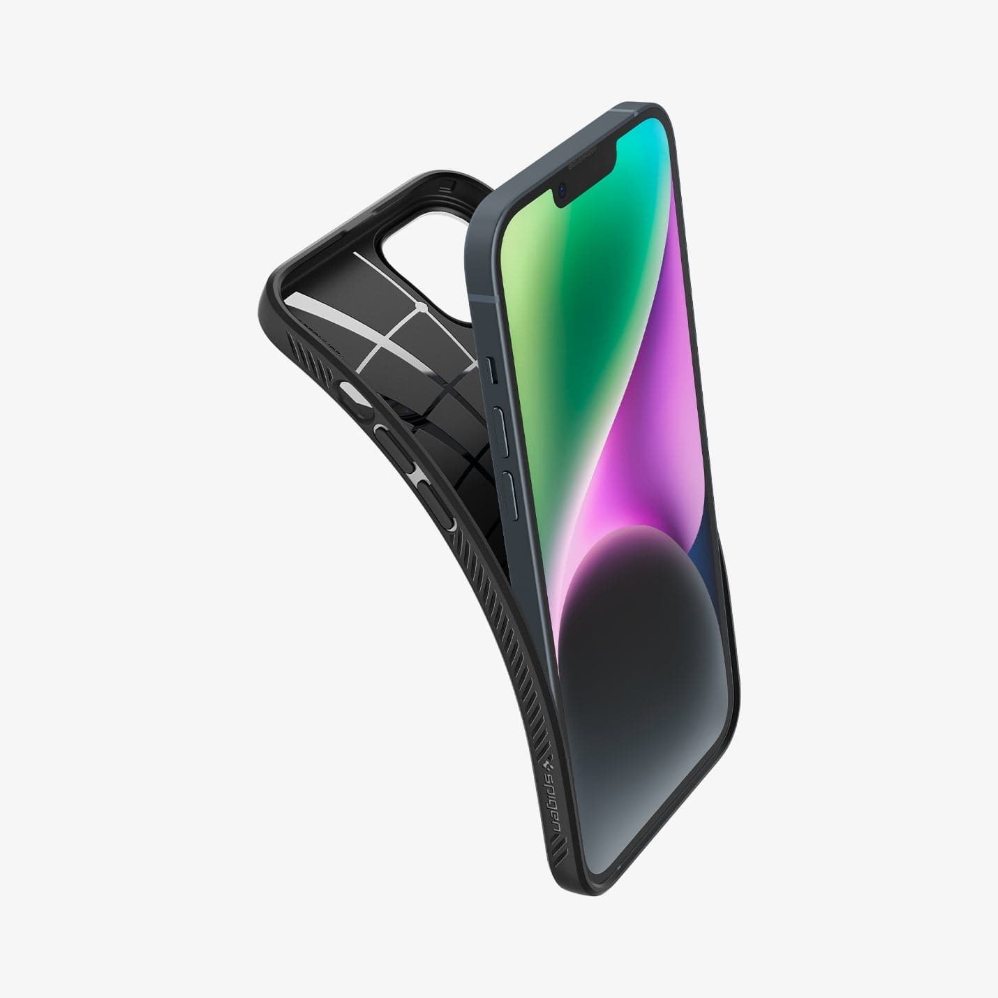 ACS05037 - iPhone 14 Case Liquid Air in matte black showing the back bending slightly away from device to show the flexibility