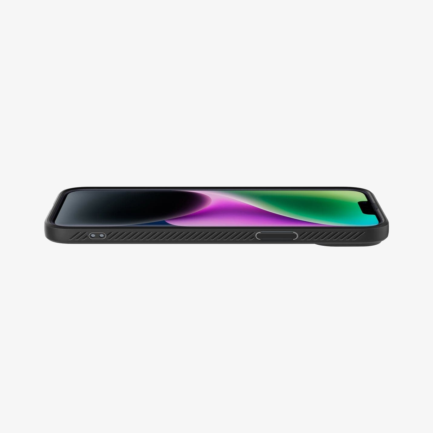 ACS05037 - iPhone 14 Case Liquid Air in matte black showing the front and side with device laying flat