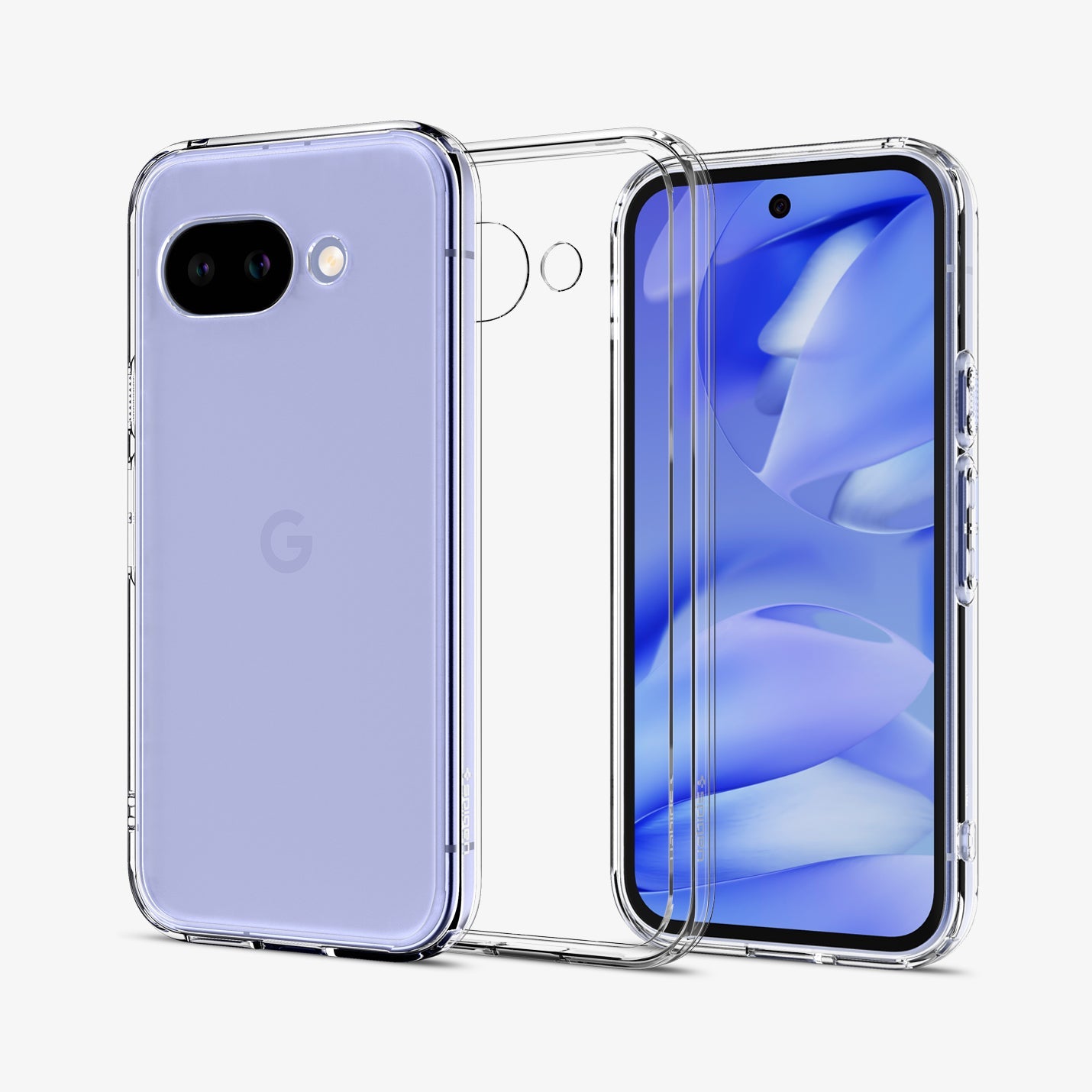 ACS09042 - Pixel 9a Case Ultra Hybrid in Crystal Clear showing the back, partial front and sides, case without device in the middle.