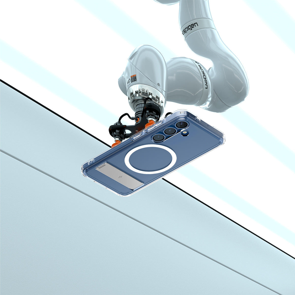 ACS09026 - Galaxy S25 Case Ultra Hybrid S in Clear White showing the back, partial side and top with robot that sits on top of the device