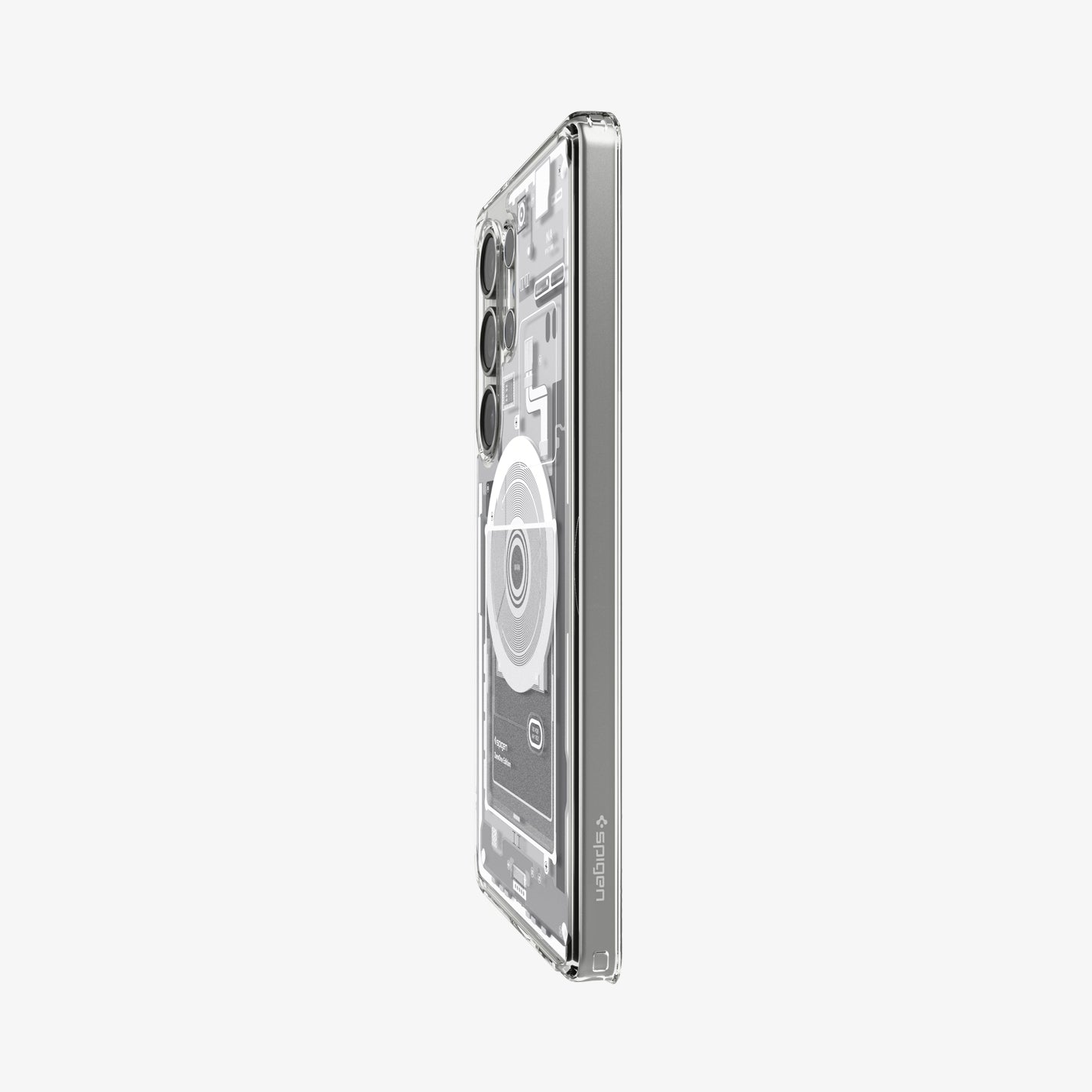 ACS08958 - Galaxy S25 Ultra Case Ultra Hybrid Metal Ring Zero One (MagFit) in Zero One White showing the partial back and side