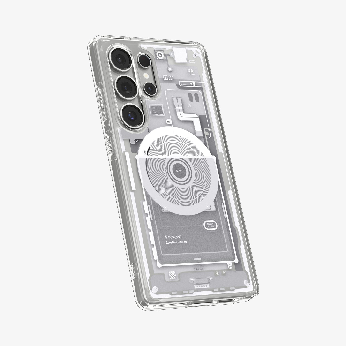 ACS08958 - Galaxy S25 Ultra Case Ultra Hybrid Metal Ring Zero One (MagFit) in Zero One White showing the back, partial side and bottom