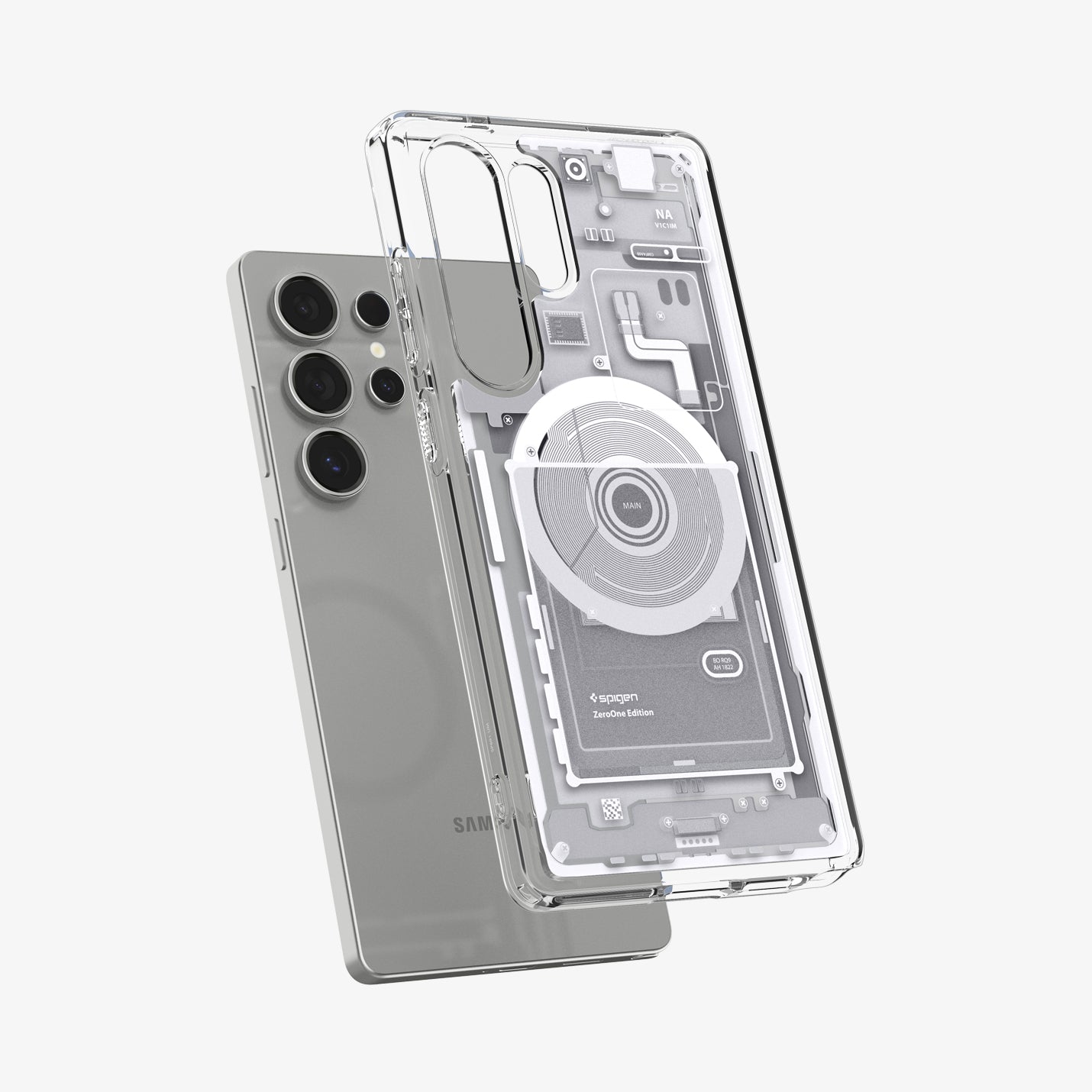 ACS08958 - Galaxy S25 Ultra Case Ultra Hybrid Metal Ring Zero One (MagFit) in Zero One White showing the back of the case hovering above the device