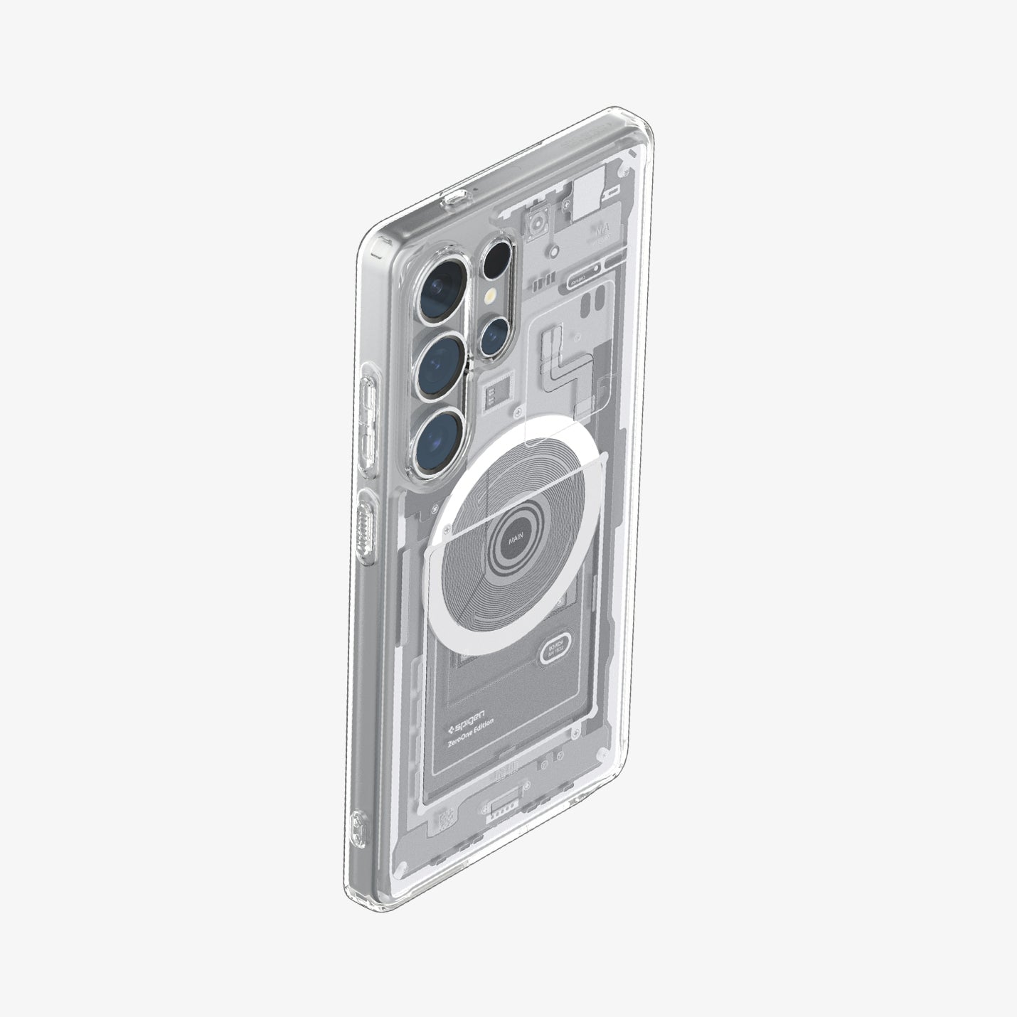ACS08958 - Galaxy S25 Ultra Case Ultra Hybrid Metal Ring Zero One (MagFit) in Zero One White showing the back, partial side and top
