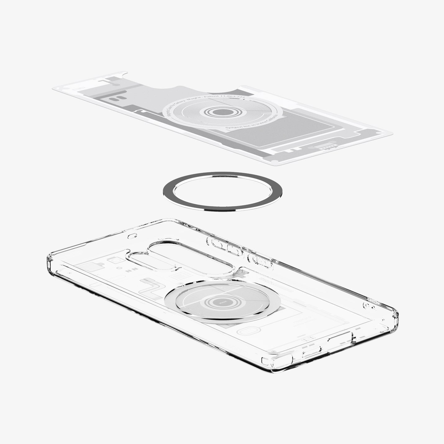 ACS08958 - Galaxy S25 Ultra Case Ultra Hybrid Metal Ring Zero One (MagFit) in Zero One White showing the inner layer hovering above the magfit ring and the case