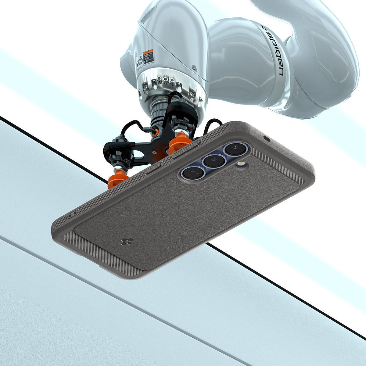 ACS08978 - Galaxy S25 Plus Case Rugged Armor (MagFit) in Marble Gray showing the back, partial side and top with robot sitting on top of the device