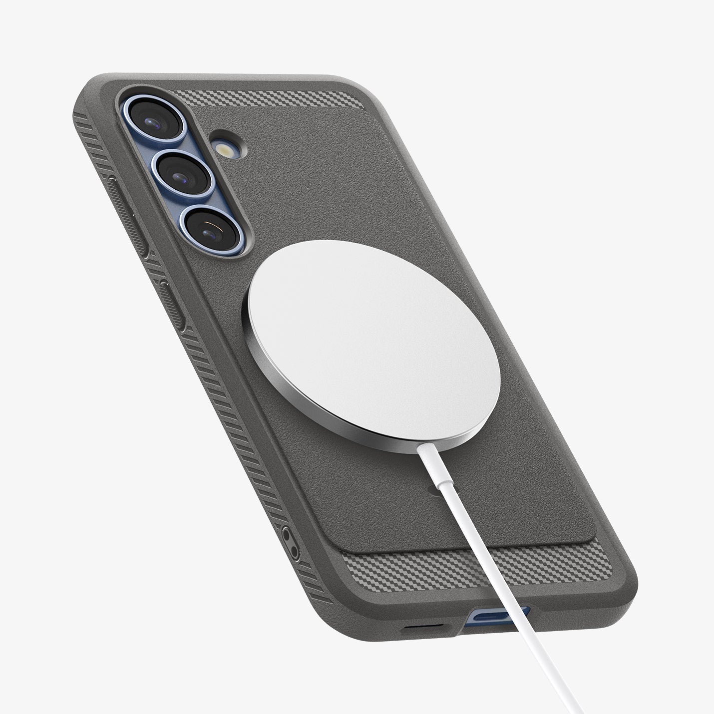 ACS08978 - Galaxy S25 Plus Case Rugged Armor (MagFit) in Marble Gray showing the back, partial side and bottom with magsafe charger attached