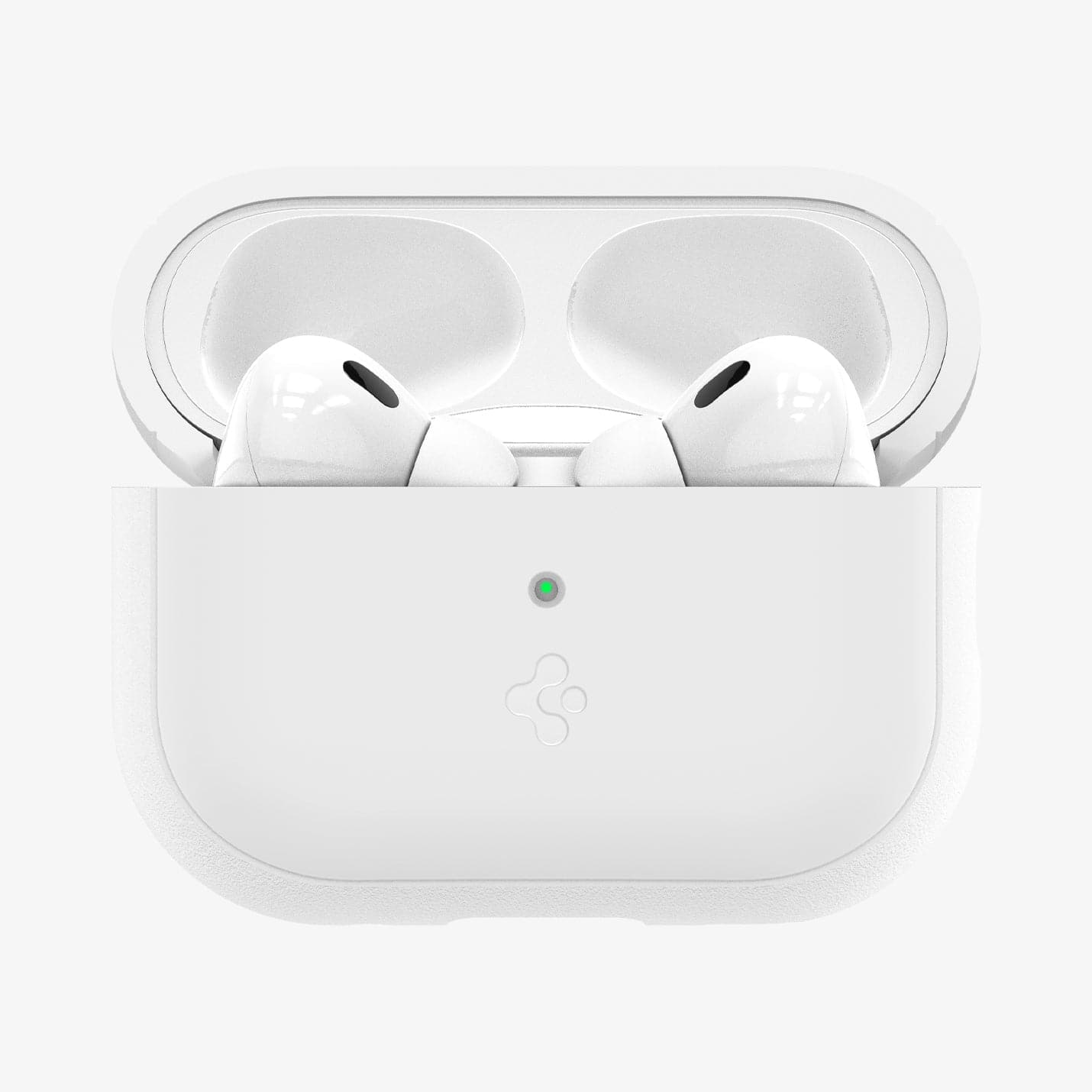 ACS05811 - Apple AirPods Pro 2 Case Silicone Fit + strap in white showing the front with top open and AirPods inside