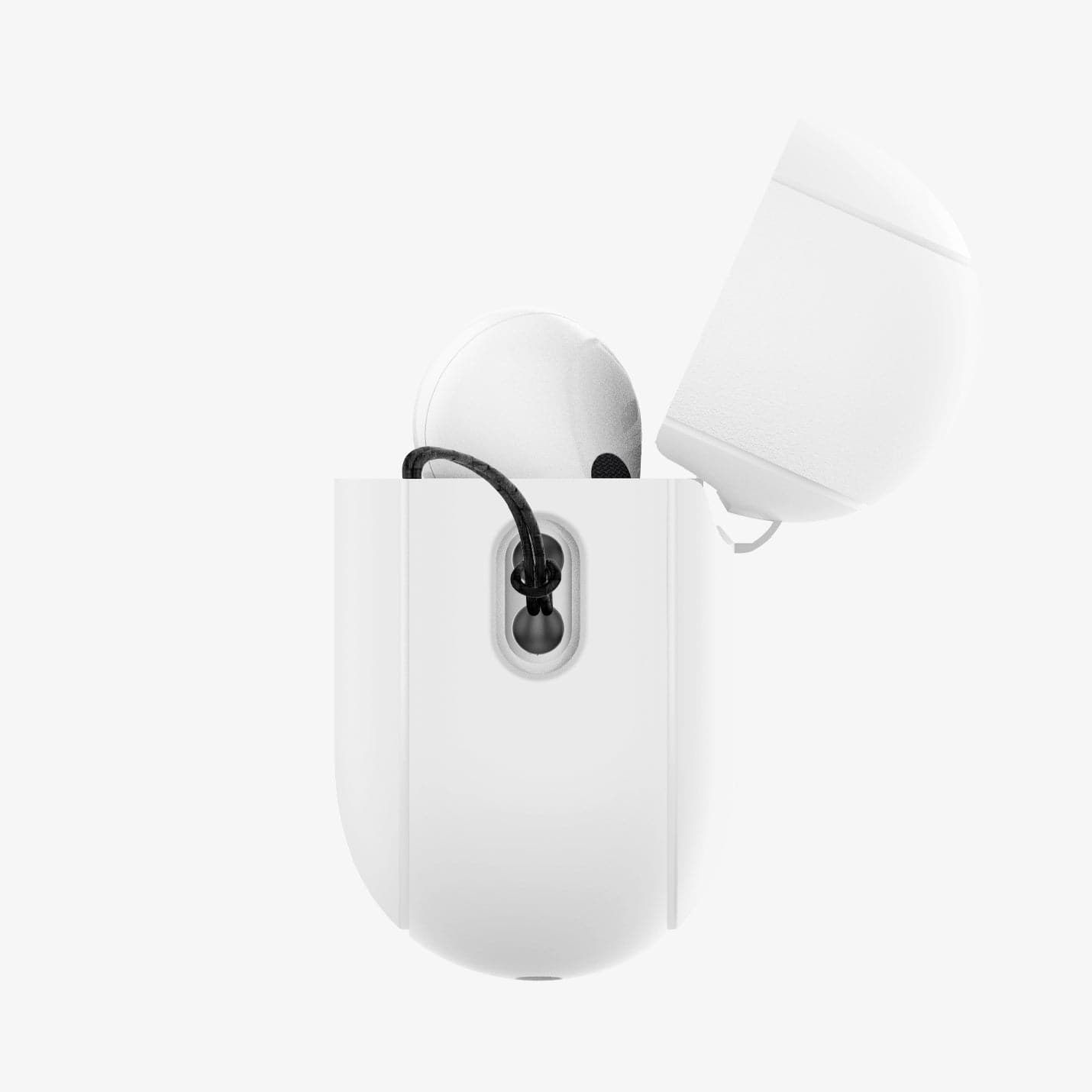 ACS05811 - Apple AirPods Pro 2 Case Silicone Fit + strap in white showing the side with top open and Airpods inside