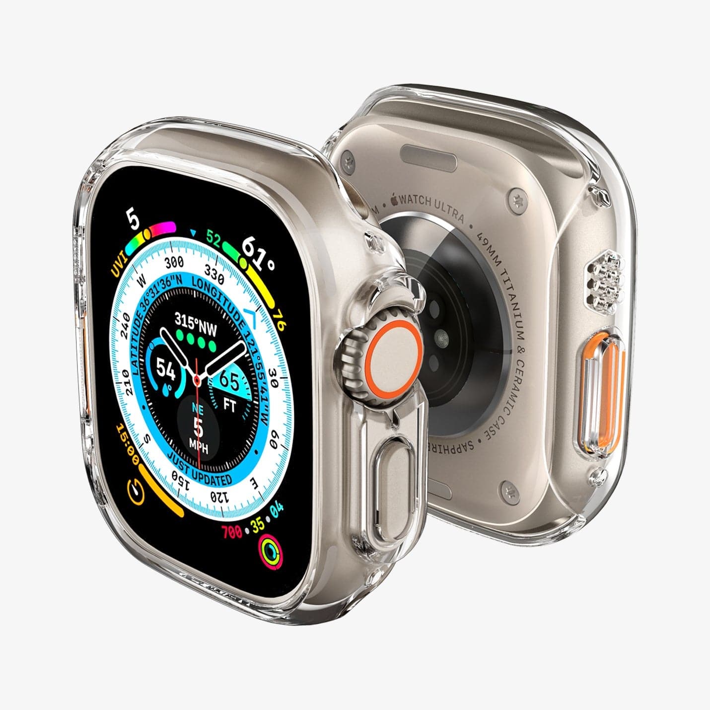 ACS05917 - Apple Watch Ultra (Apple Watch (49mm)) Case Thin Fit in crystal clear showing the front, back and sides