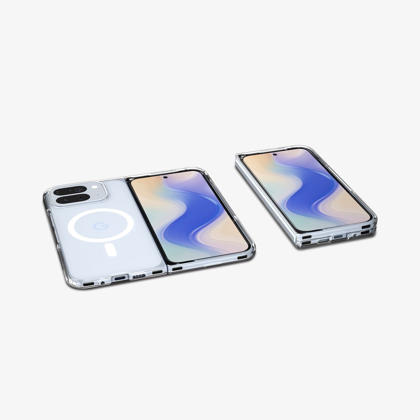 ACS09742 - Pixel 10 Pro Fold Case Ultra Hybrid Metal Ring (MagFit) in crystal clear showing the back, front and bottom of two devices