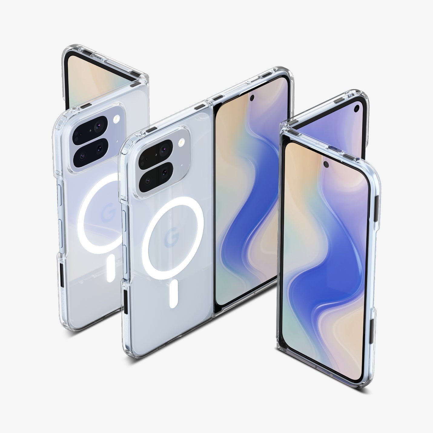 ACS09742 - Pixel 10 Pro Fold Case Ultra Hybrid Metal Ring (MagFit) in crystal clear showing the back and front of multiple devices