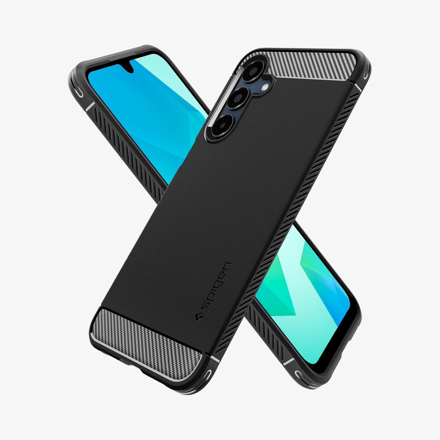 ACS08891 - Galaxy A16 5G Case Rugged Armor in Matte Black showing the back, partial side behind it is another device showing front and partial side