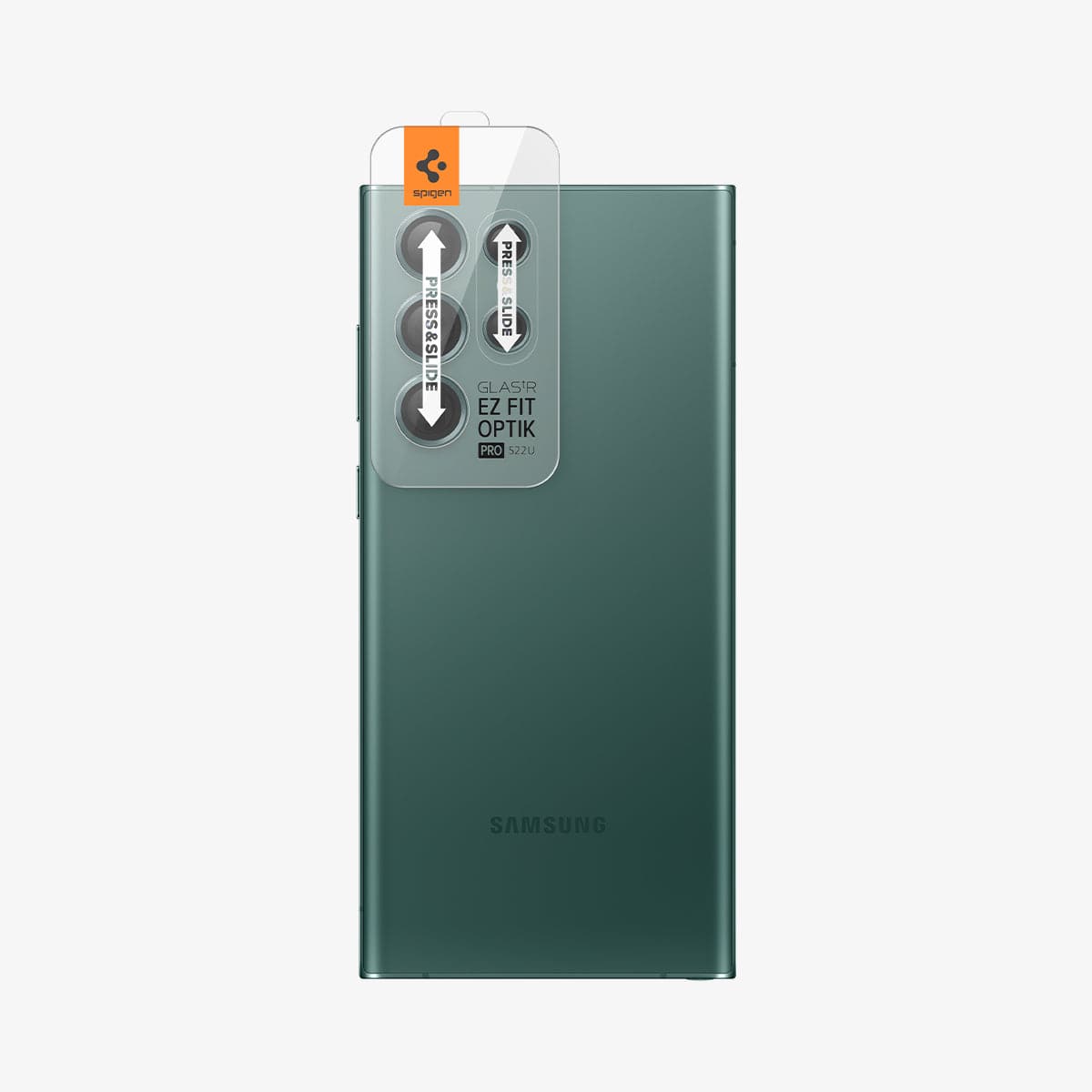 AGL04754 - Galaxy S22 Ultra EZ Fit Optik Pro Lens Protector Glass.tR in green showing the back with ez fit tray installed onto camera lens
