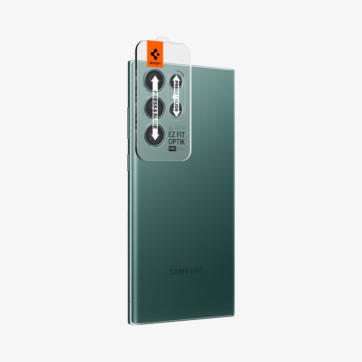 AGL04754 - Galaxy S22 Ultra EZ Fit Optik Pro Lens Protector Glass.tR in green showing the ez fit lens protector being installed onto camera lens