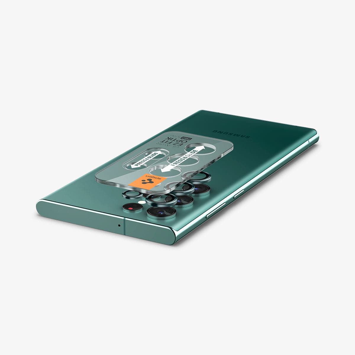 AGL04754 - Galaxy S22 Ultra EZ Fit Optik Pro Lens Protector Glass.tR in green showing the ez fit lens protector slightly hovering above camera lens