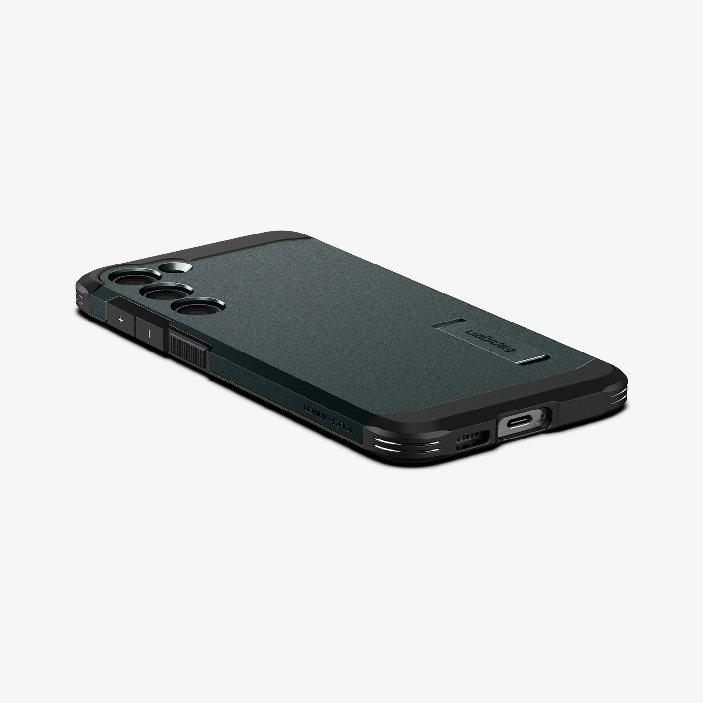 ACS06082 - Galaxy S23 Plus Case Tough Armor in abyss green showing the back, side and bottom with device laying flat