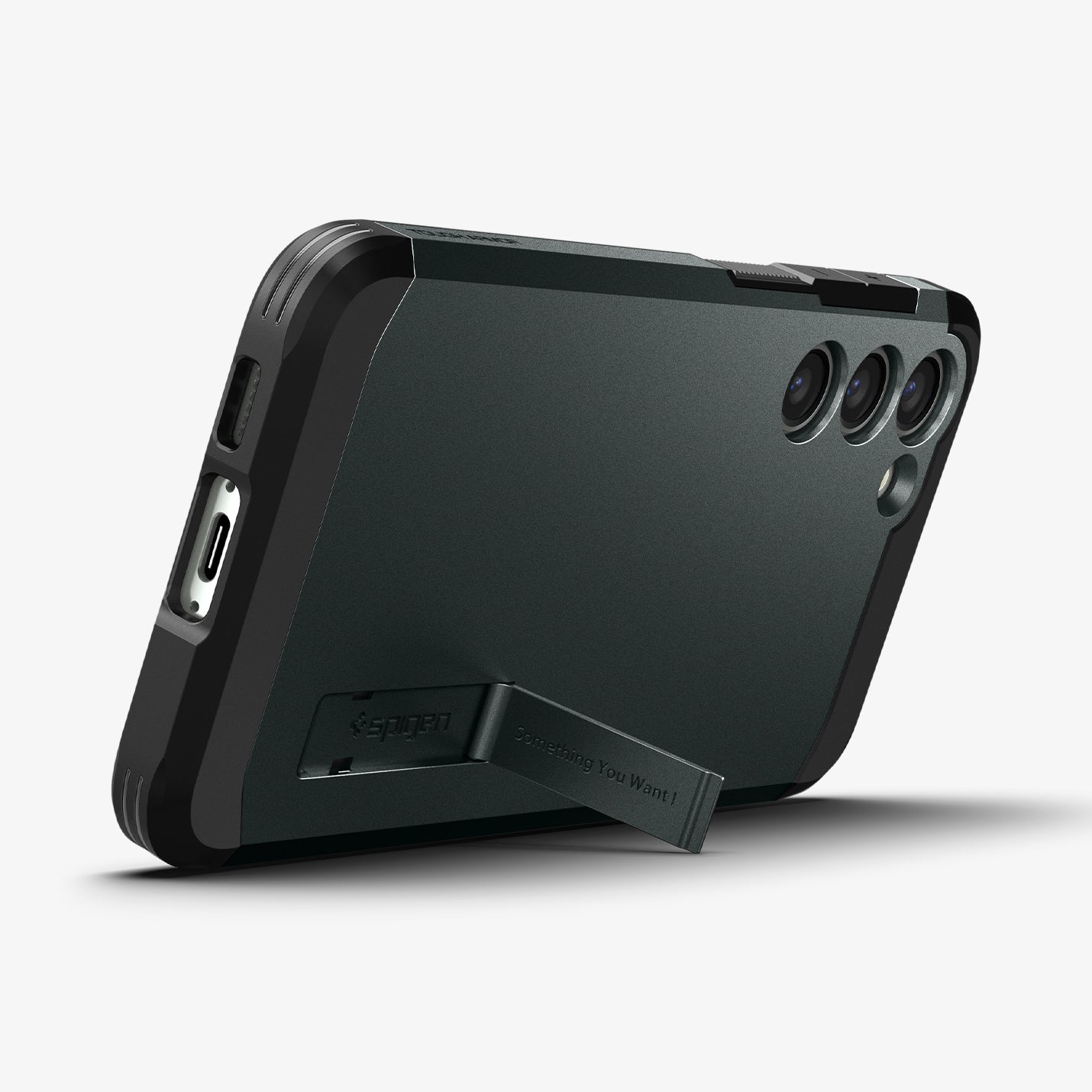 ACS06082 - Galaxy S23 Plus Case Tough Armor in abyss green showing the back with device propped up by built in kickstand