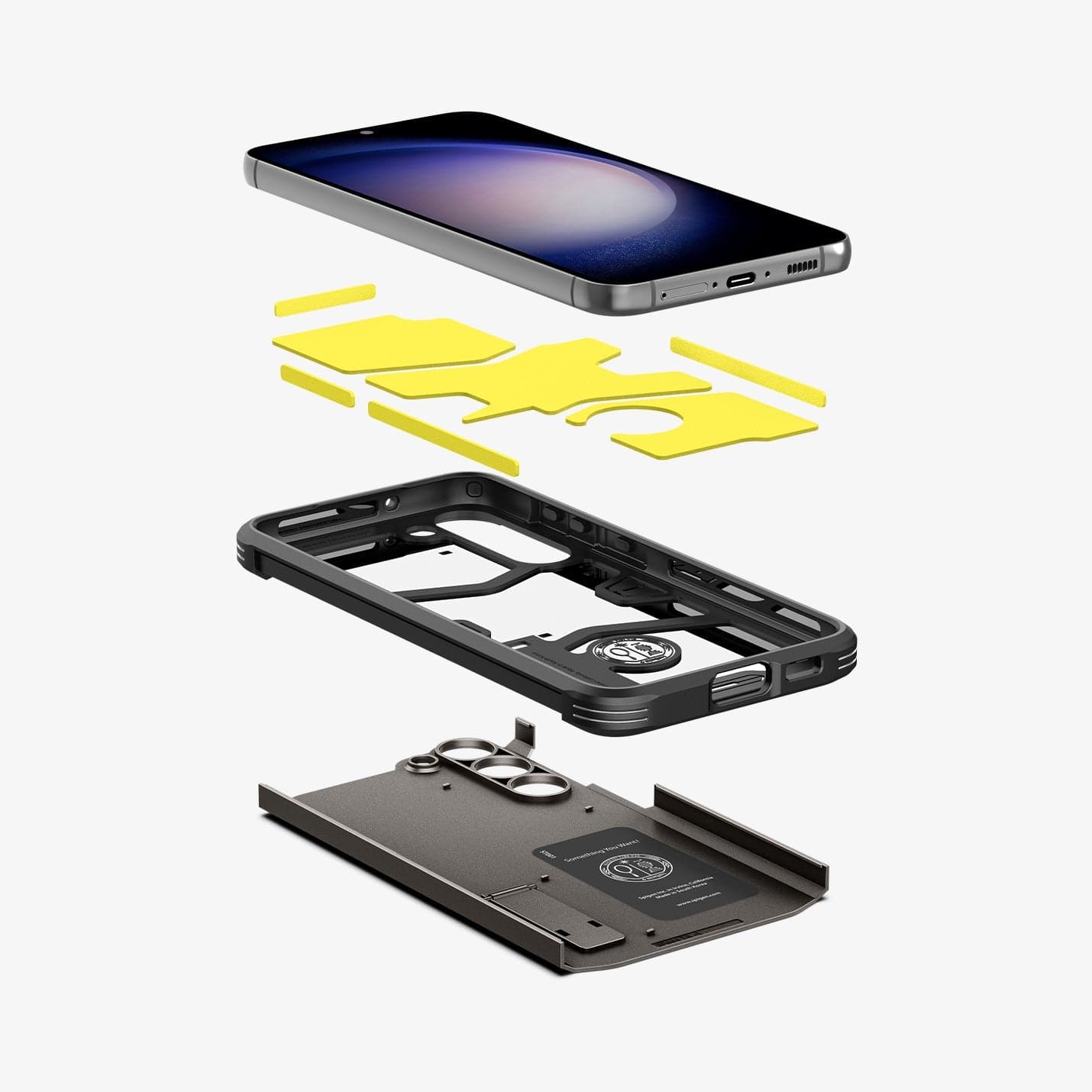 ACS05673 - Galaxy S23 Plus Case Tough Armor in gunmetal showing the hard pc, flexible tpu, impact foam and device