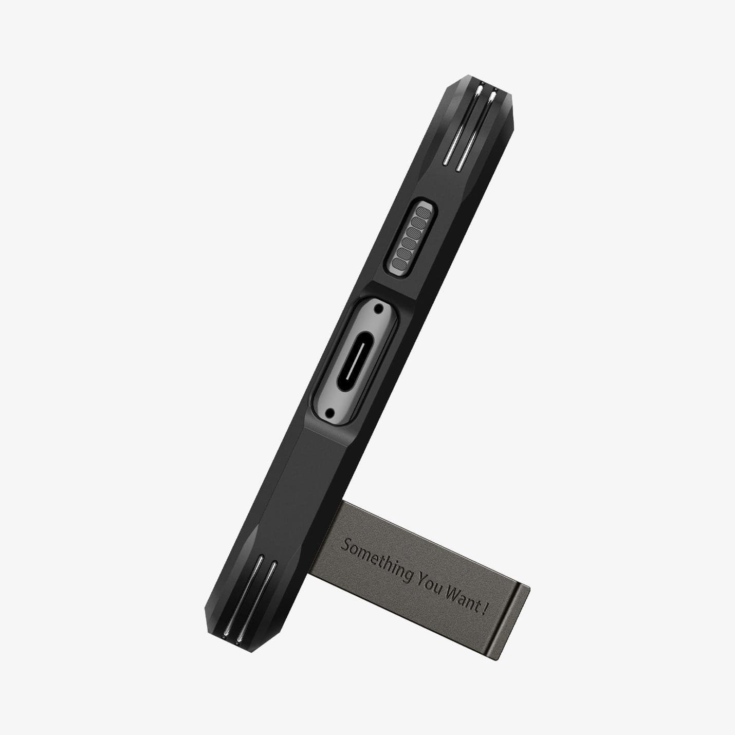 ACS05673 - Galaxy S23 Plus Case Tough Armor in gunmetal showing the bottom with device propped up by built in kickstand