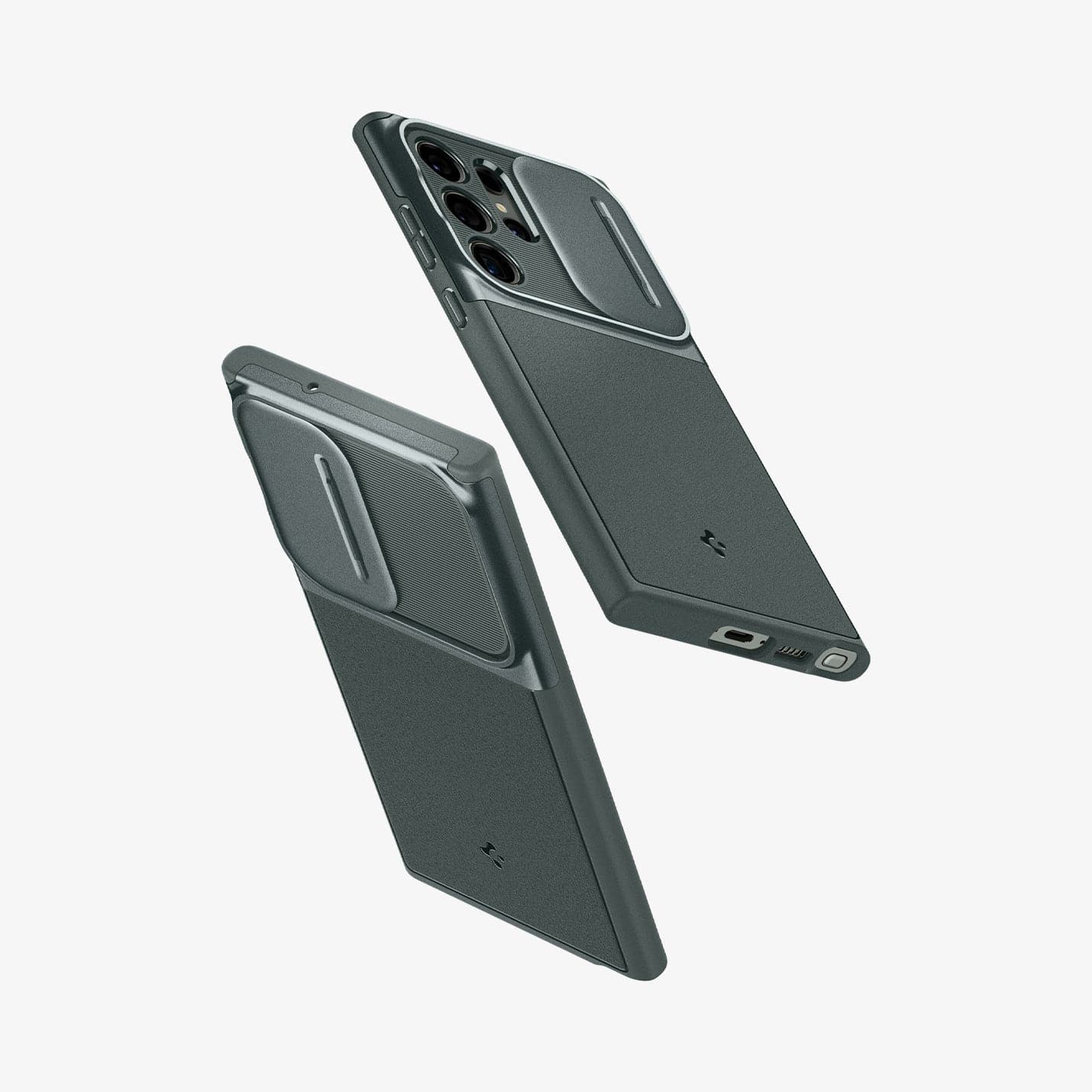 ACS06081 - Galaxy S23 Ultra Case Optik Armor in abyss green showing the back, sides and bottom of multiple devices