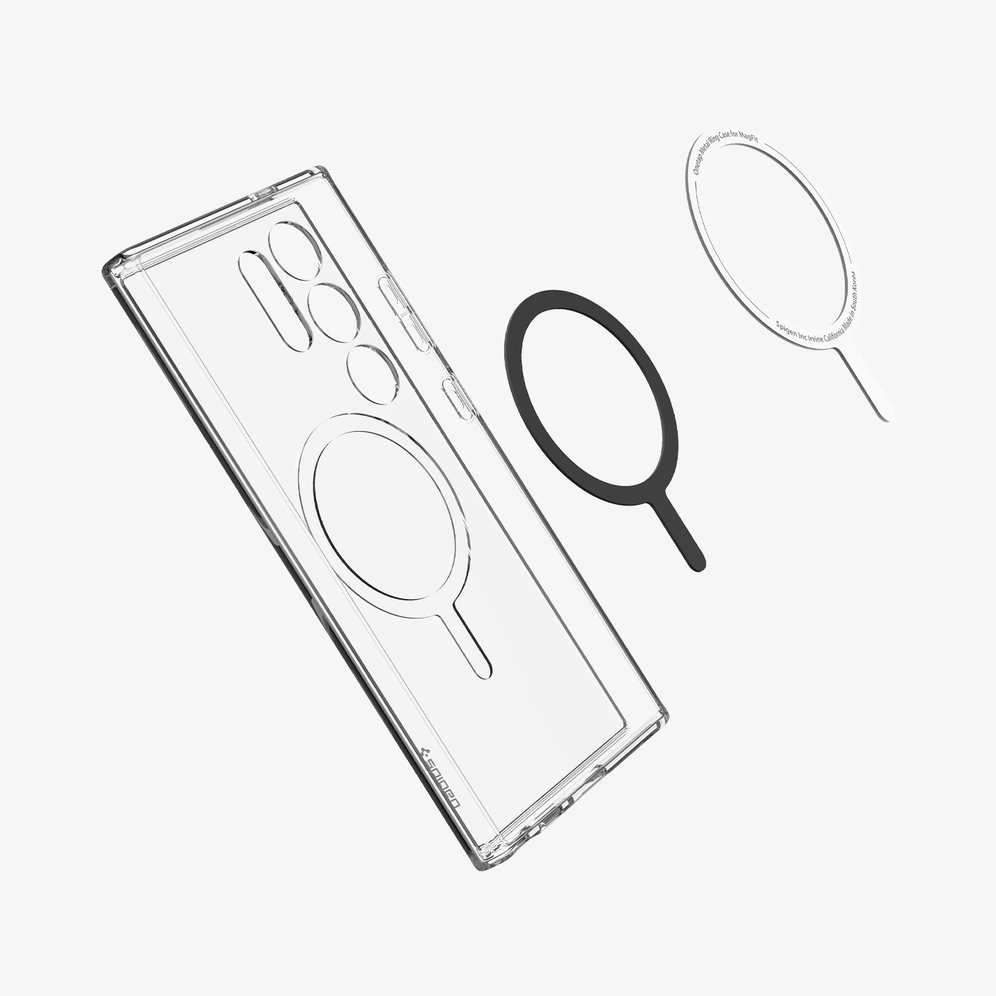 ACS07297 - Galaxy S24 Ultra Case Ultra Hybrid Metal Ring (MagFit) in Black showing the white metal ring hovering above the black metal ring and a clear case