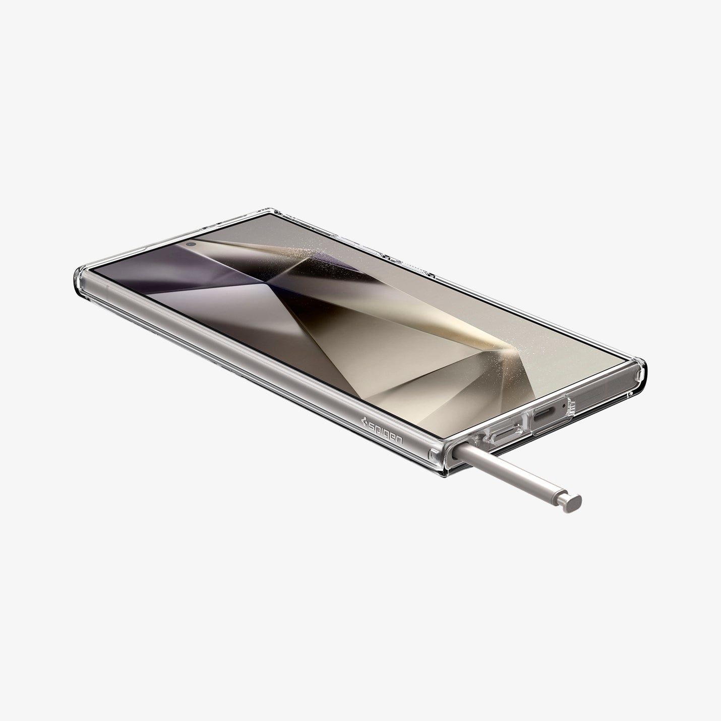 ACS07297 - Galaxy S24 Ultra Case Ultra Hybrid Metal Ring (MagFit) in Black showing the front of device, on a flat surface with stylus pen sticking out