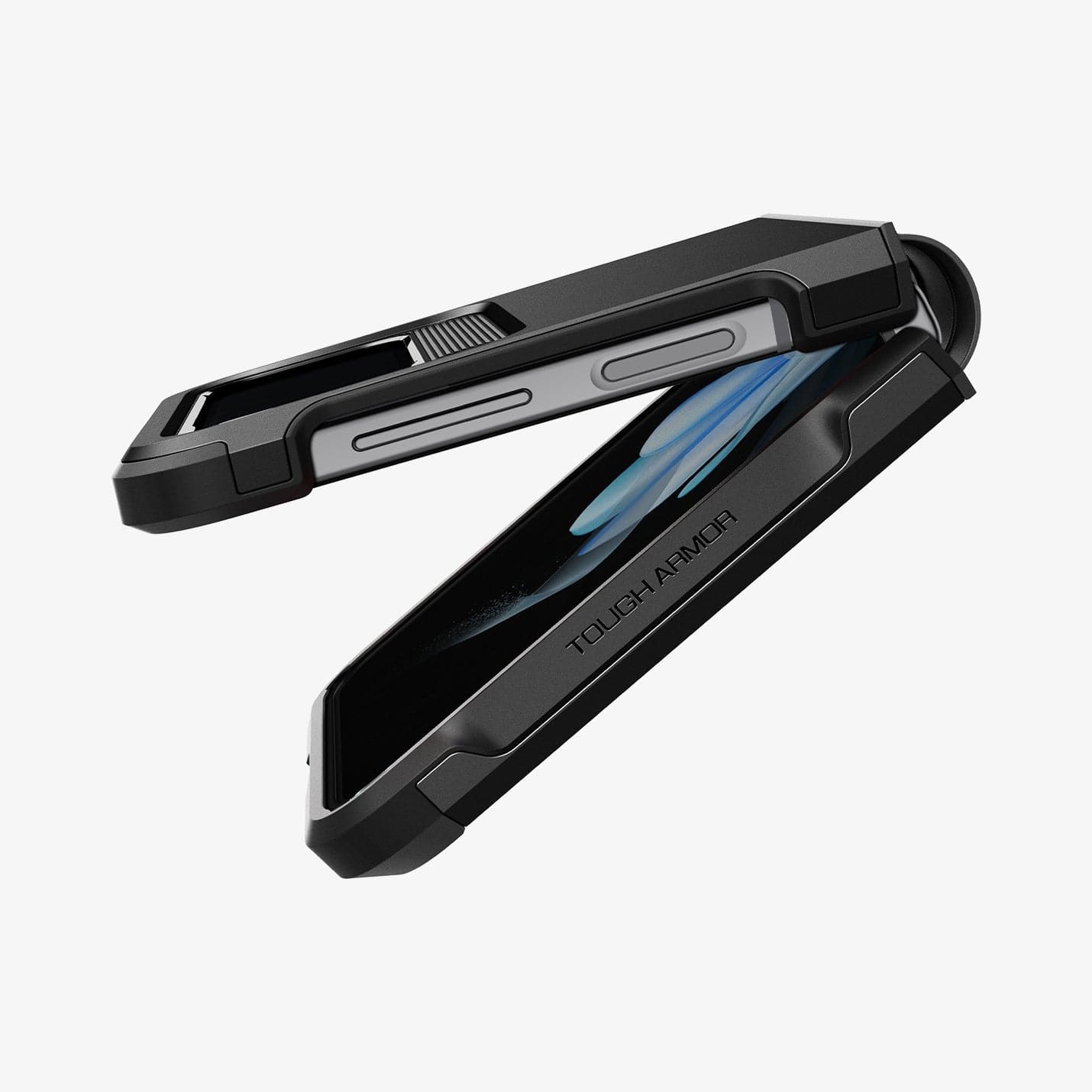 ACS05111 - Galaxy Z Flip 4 Case Tough Armor in black showing the side and partial front with device slightly opened