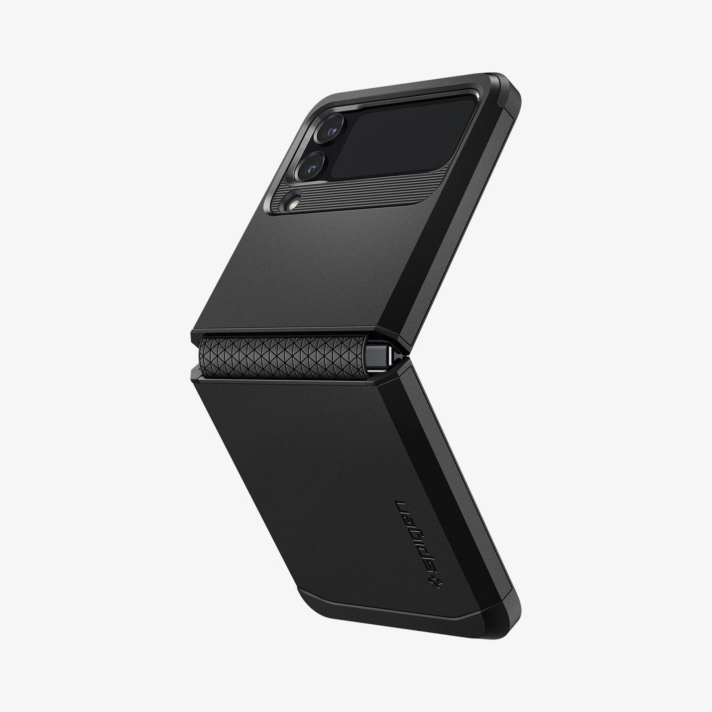 ACS05111 - Galaxy Z Flip 4 Case Tough Armor in black showing the back and hinge area with device opened a little more than halfway