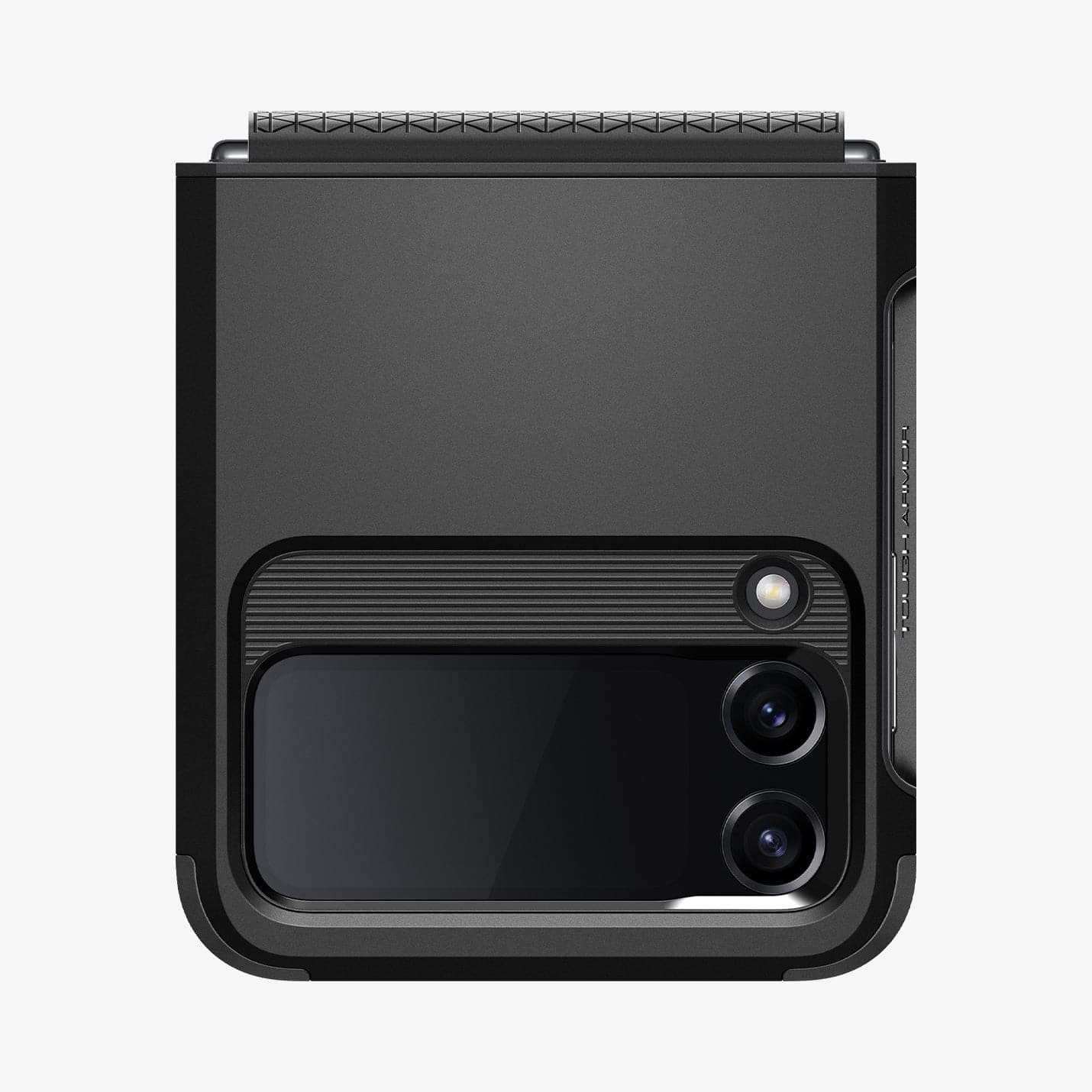 ACS05111 - Galaxy Z Flip 4 Case Tough Armor in black showing the back camera lens with device folded