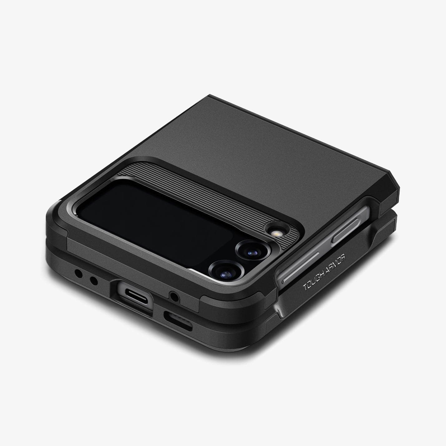 ACS05111 - Galaxy Z Flip 4 Case Tough Armor in black showing the back camera lens, sides and bottom with device folded