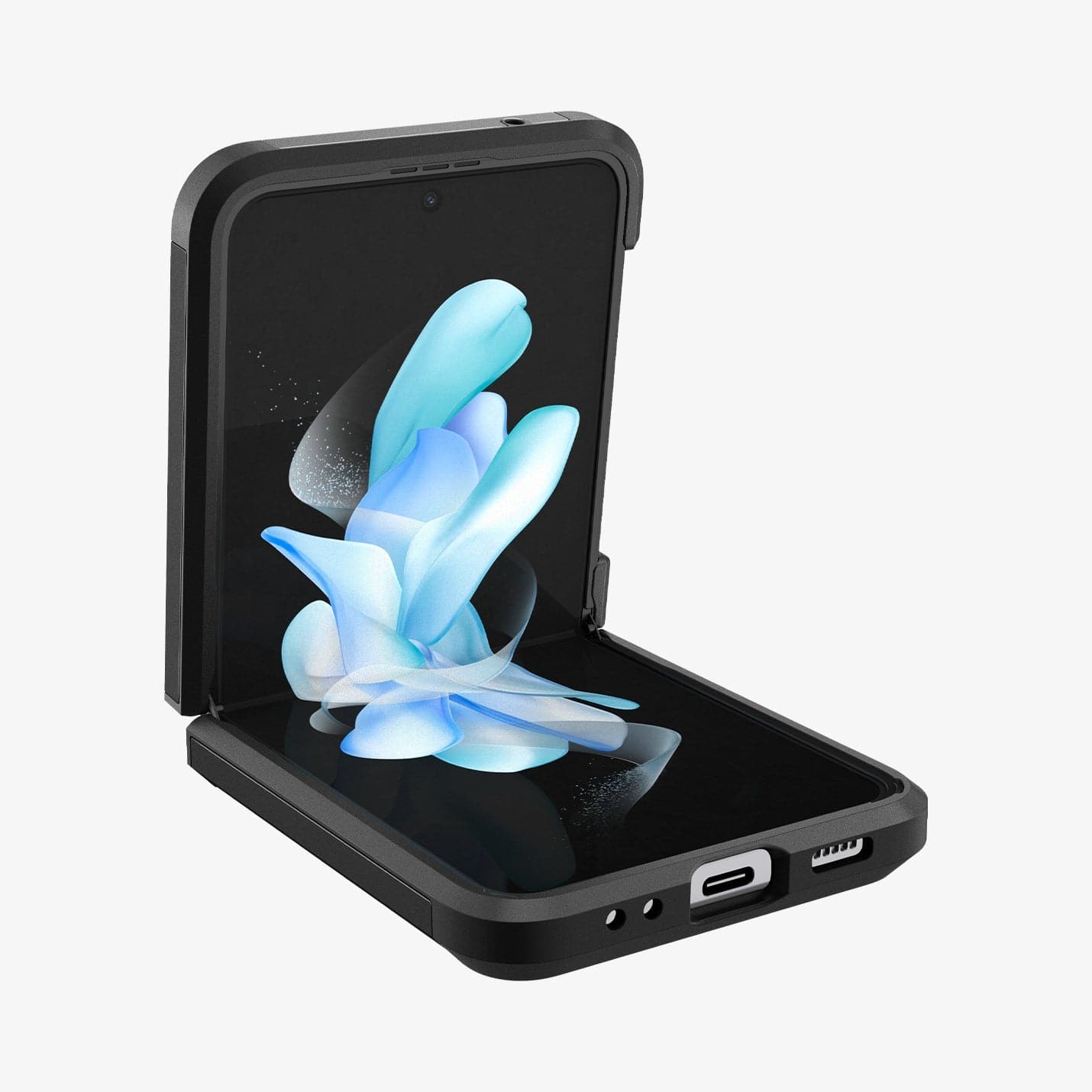 ACS05111 - Galaxy Z Flip 4 Case Tough Armor in black showing the front, partial side and bottom with device halfway opened