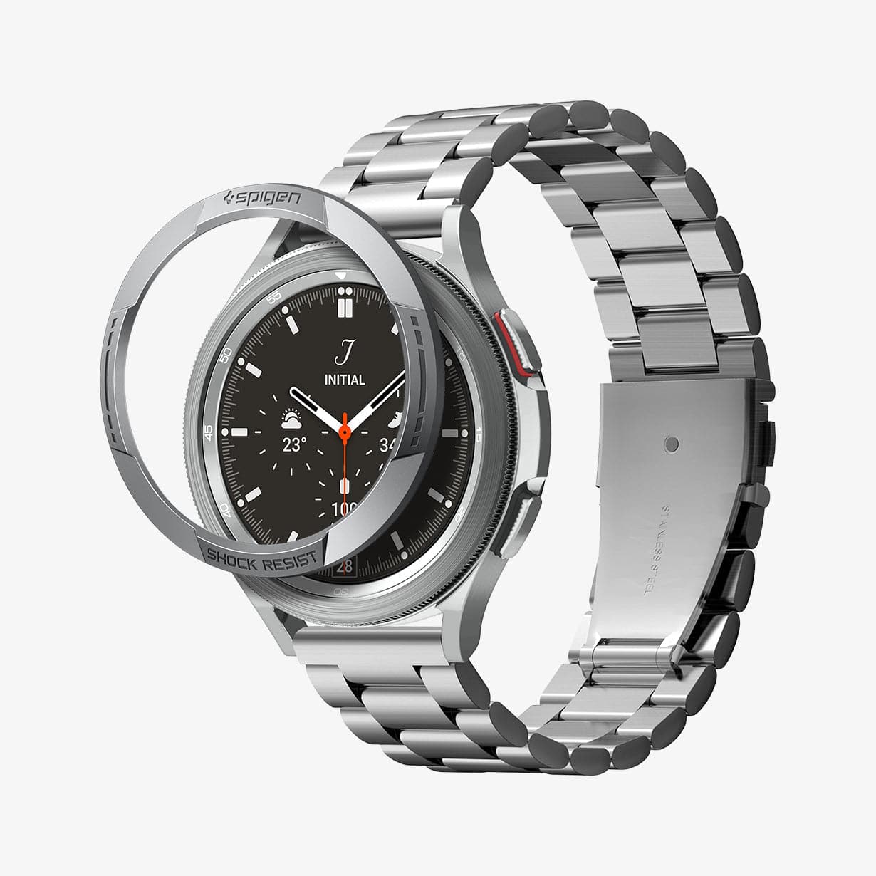 AMP04273 - Galaxy Watch 4 Classic (46mm) Chrono Shield in silver showing the front and side with case hovering in front of watch face
