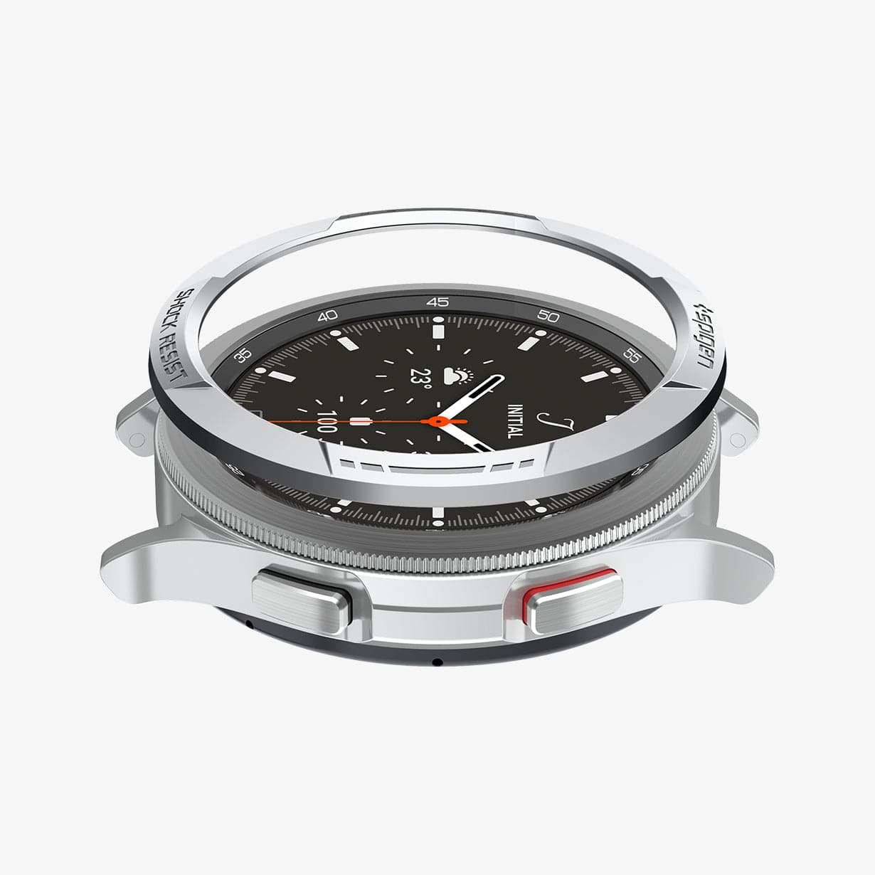 AMP04273 - Galaxy Watch 4 Classic (46mm) Chrono Shield in silver showing the case hovering above the watch face
