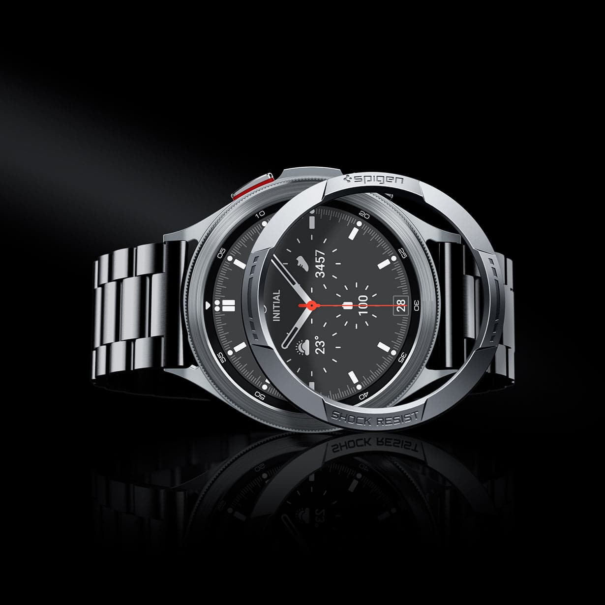 AMP04273 - Galaxy Watch 4 Classic (46mm) Chrono Shield in silver showing the case hovering in front of watch