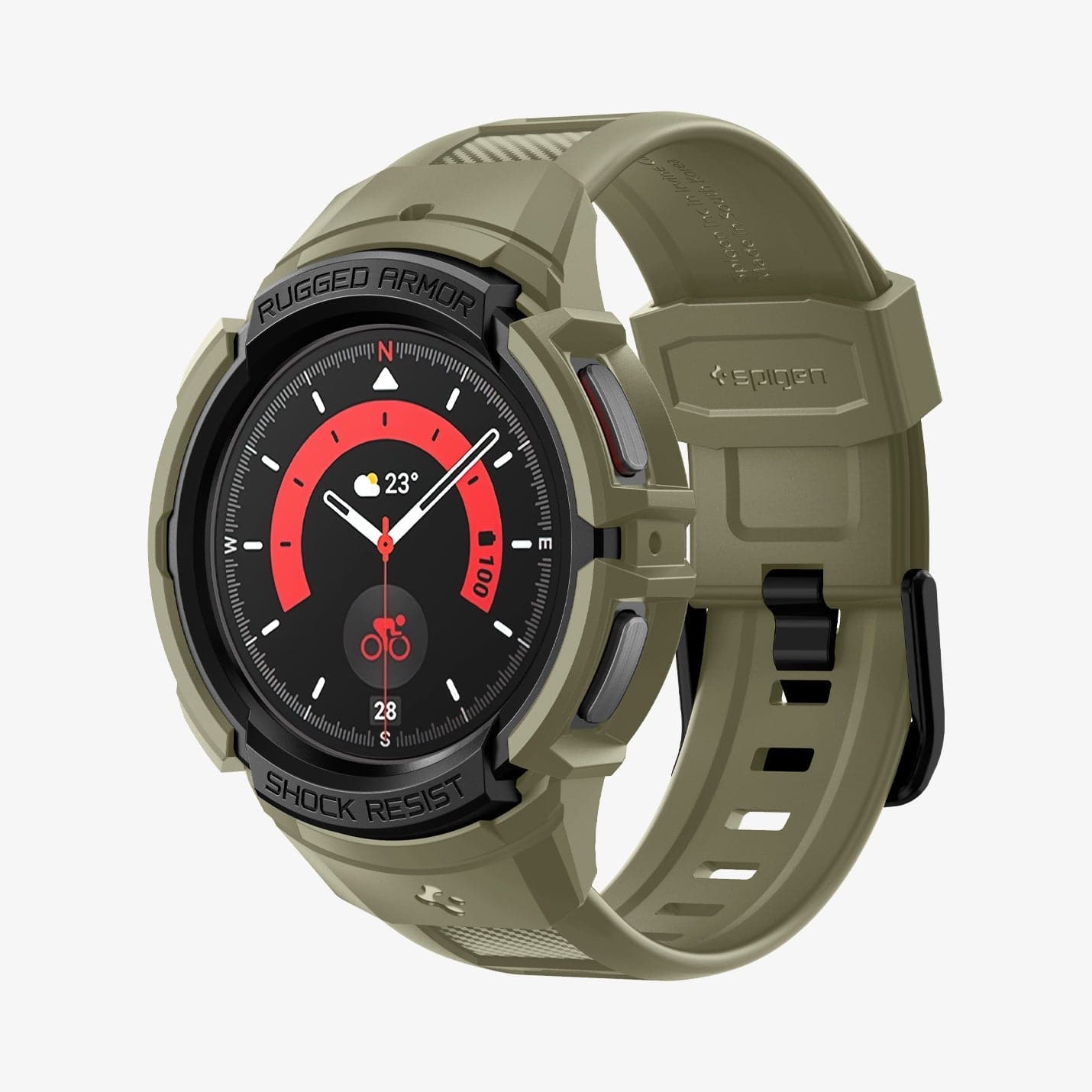 ACS05913 - Galaxy Watch 5 Pro (45mm) Case Rugged Armor Pro in vintage khaki showing the front and inside of band