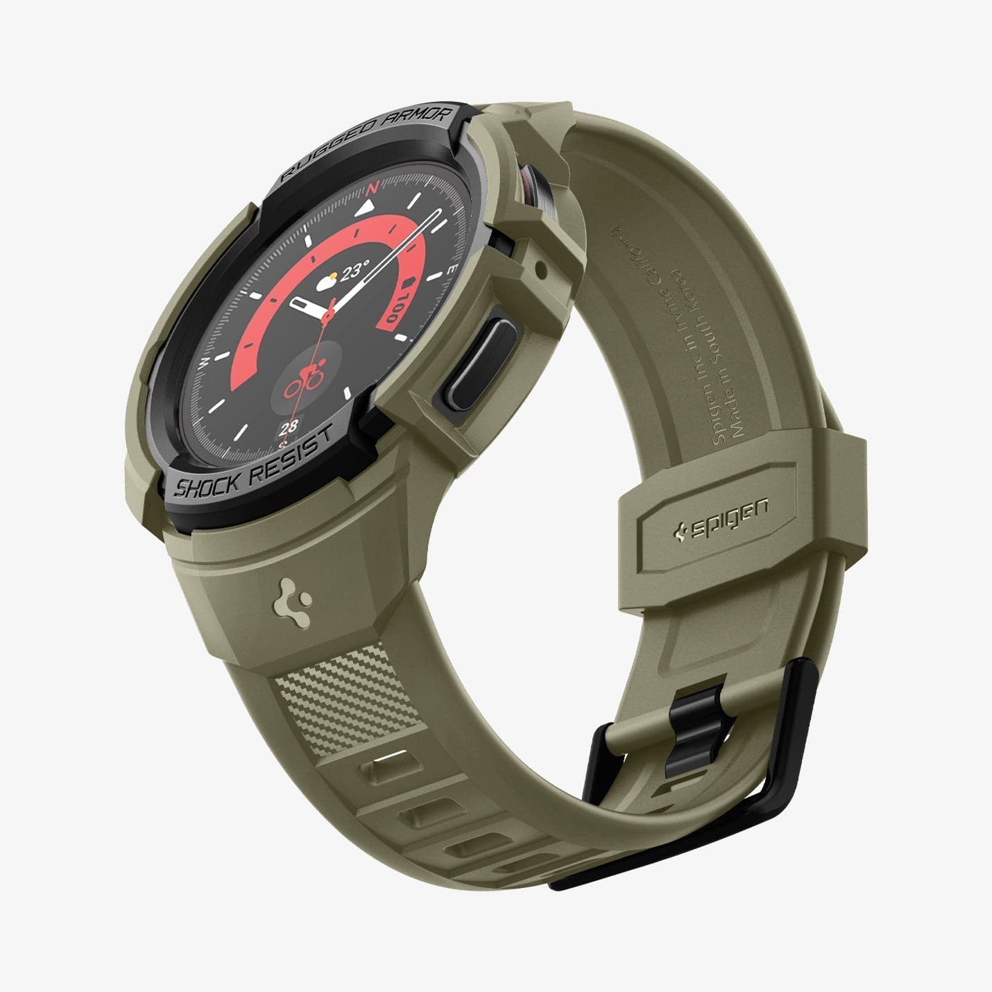 ACS05913 - Galaxy Watch 5 Pro (45mm) Case Rugged Armor Pro in vintage khaki showing the front, bottom and inside of band