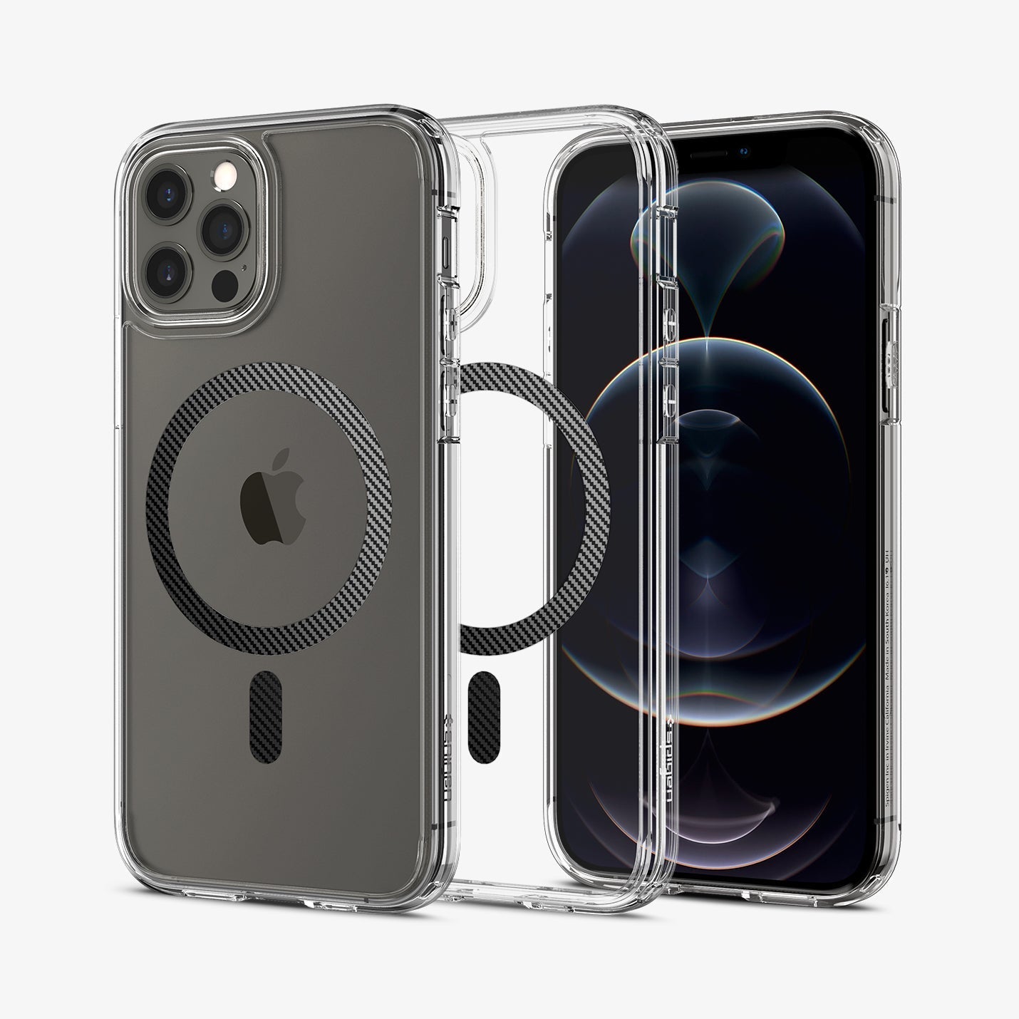 ACS04083 - iPhone 12 / 12 Pro Case Ultra Hybrid Mag (MagFit) in carbon fiber showing the back, inside and front