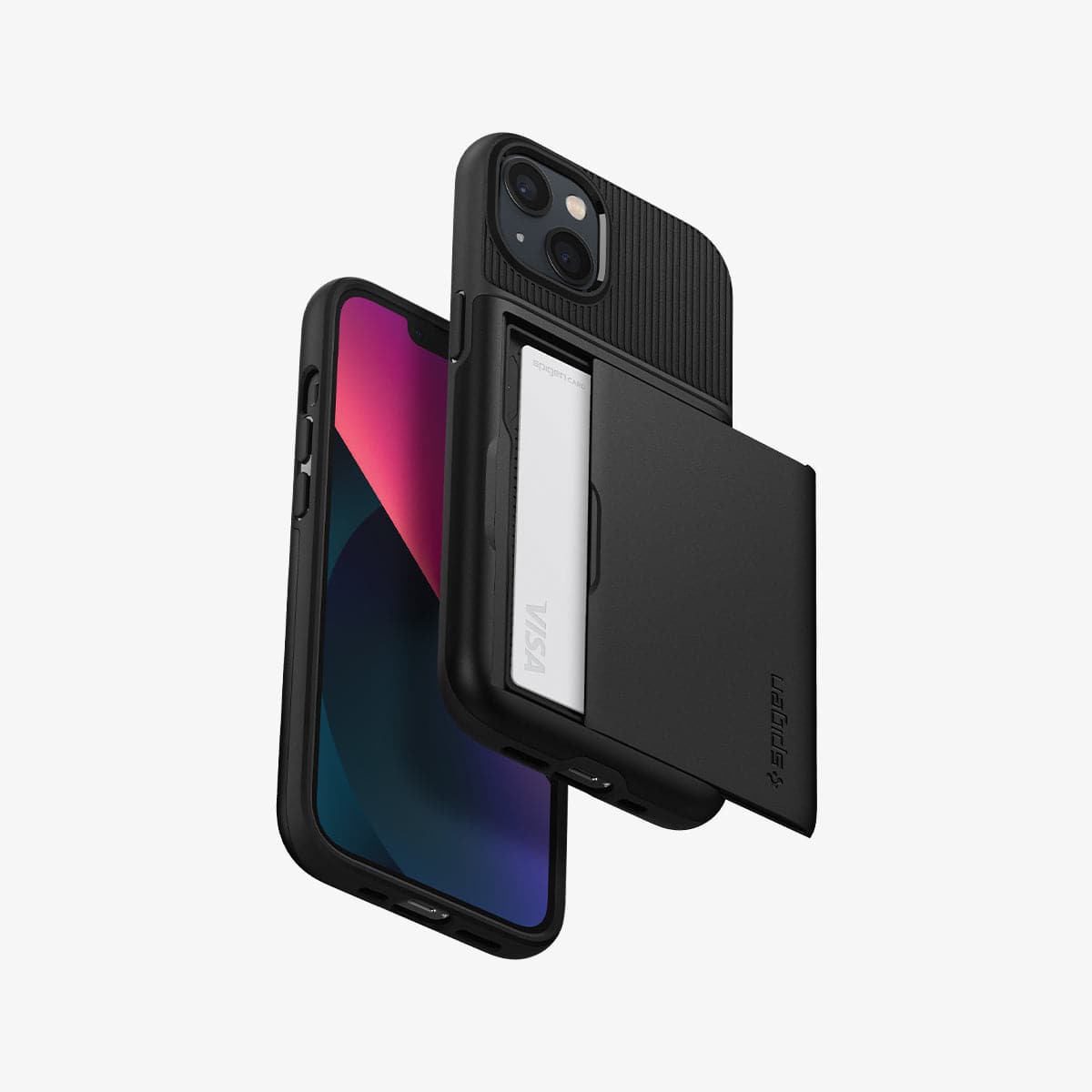 ACS03536 - iPhone 13 Case Slim Armor CS in black showing the back, front and sides with card in slot