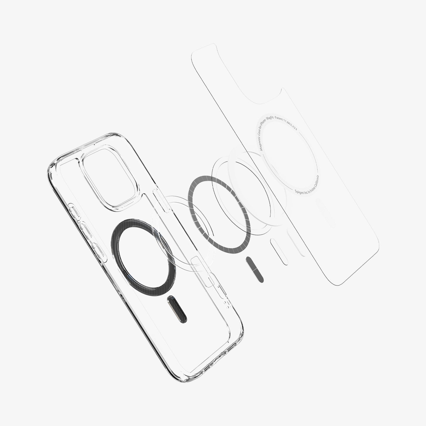 ACS08000 - iPhone 16 Pro Max Case Ultra Hybrid (MagFit) in Carbon Fiber showing the front of soft inner layer hovering above the magsafe magnet plate and the case