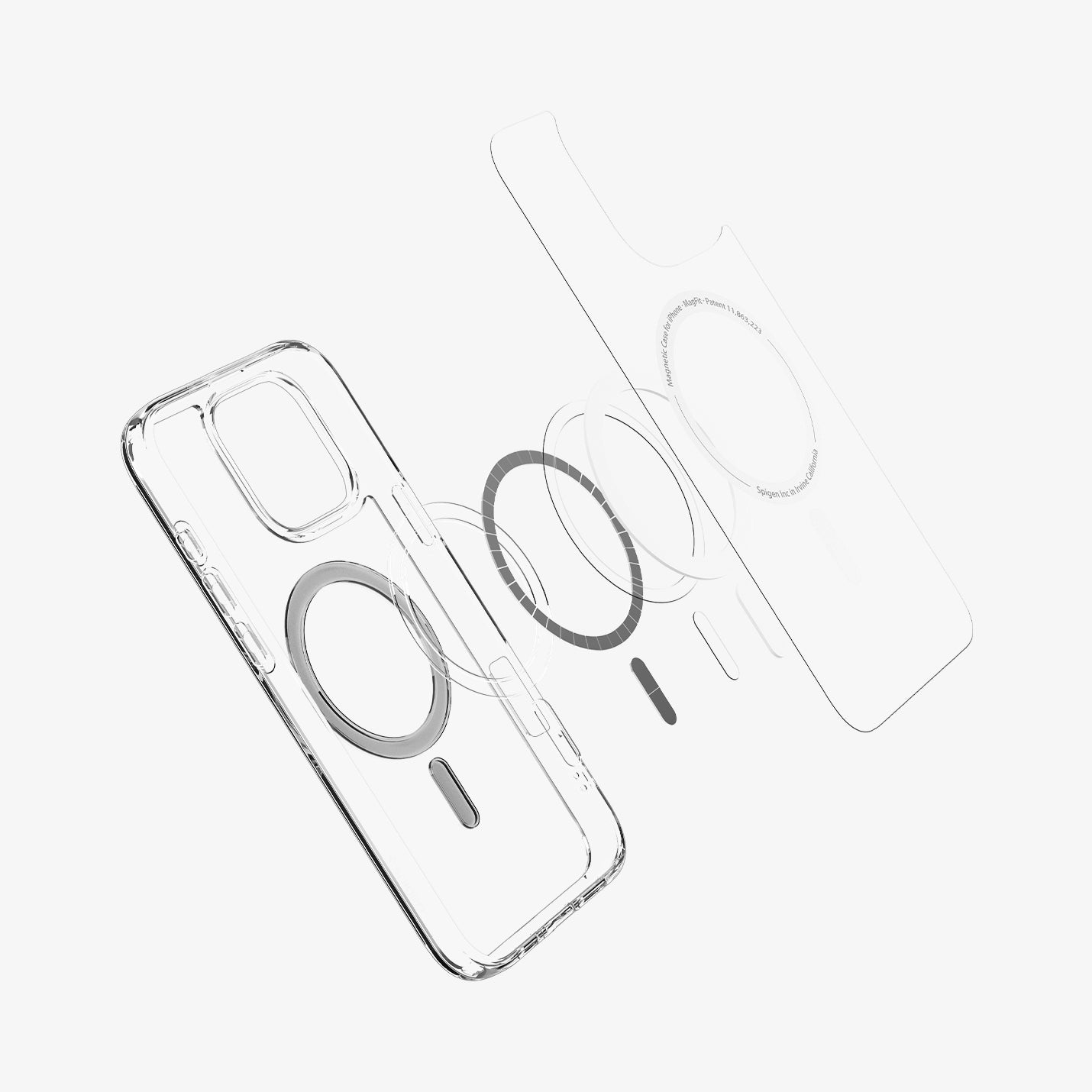ACS07999 - iPhone 16 Pro Max Case Ultra Hybrid (MagFit) in Graphite showing the front of soft inner layer hovering above the magsafe magnet plate and the case