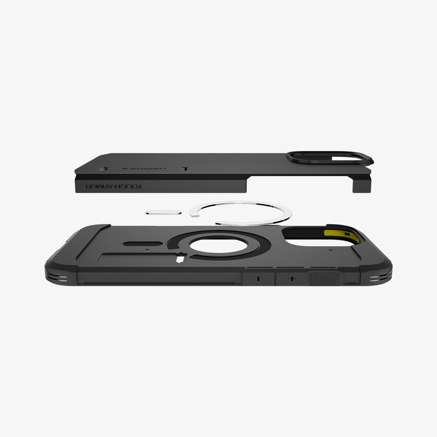 ACS08146 - iPhone 16 Pro Case Tough Armor AI (MagFit) in Black showing the partial back layer detached hovering above the metal ring plate and back of the case