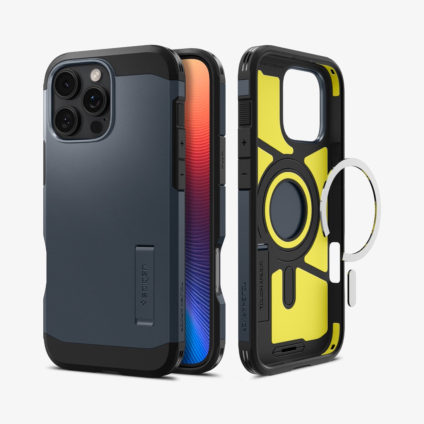 ACS08147 - iPhone 16 Pro Case Tough Armor AI (MagFit) in Metal Slate showing the back, partial sides and front, metal ring plate detached from the inner case