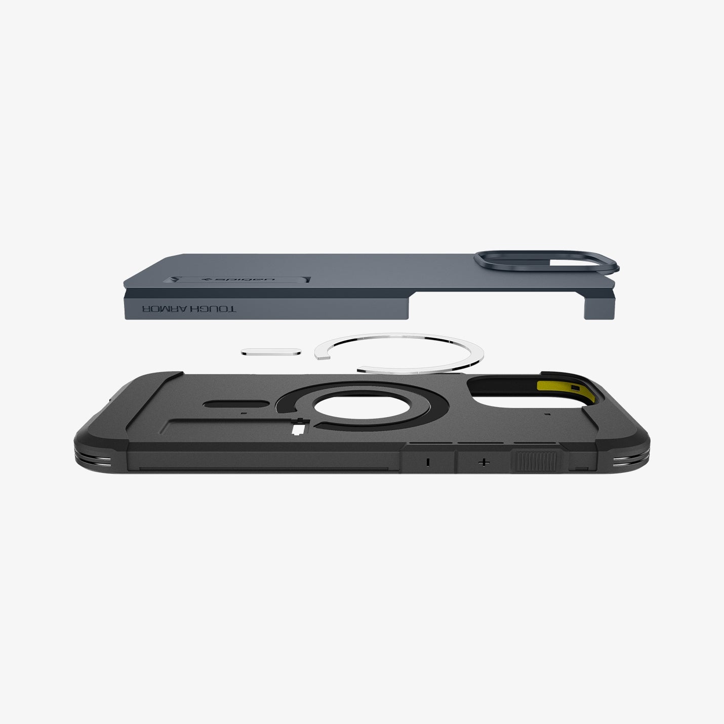 ACS08147 - iPhone 16 Pro Case Tough Armor AI (MagFit) in Metal Slate showing the back partial back layer detached hovering above the metal ring plate and back of the case