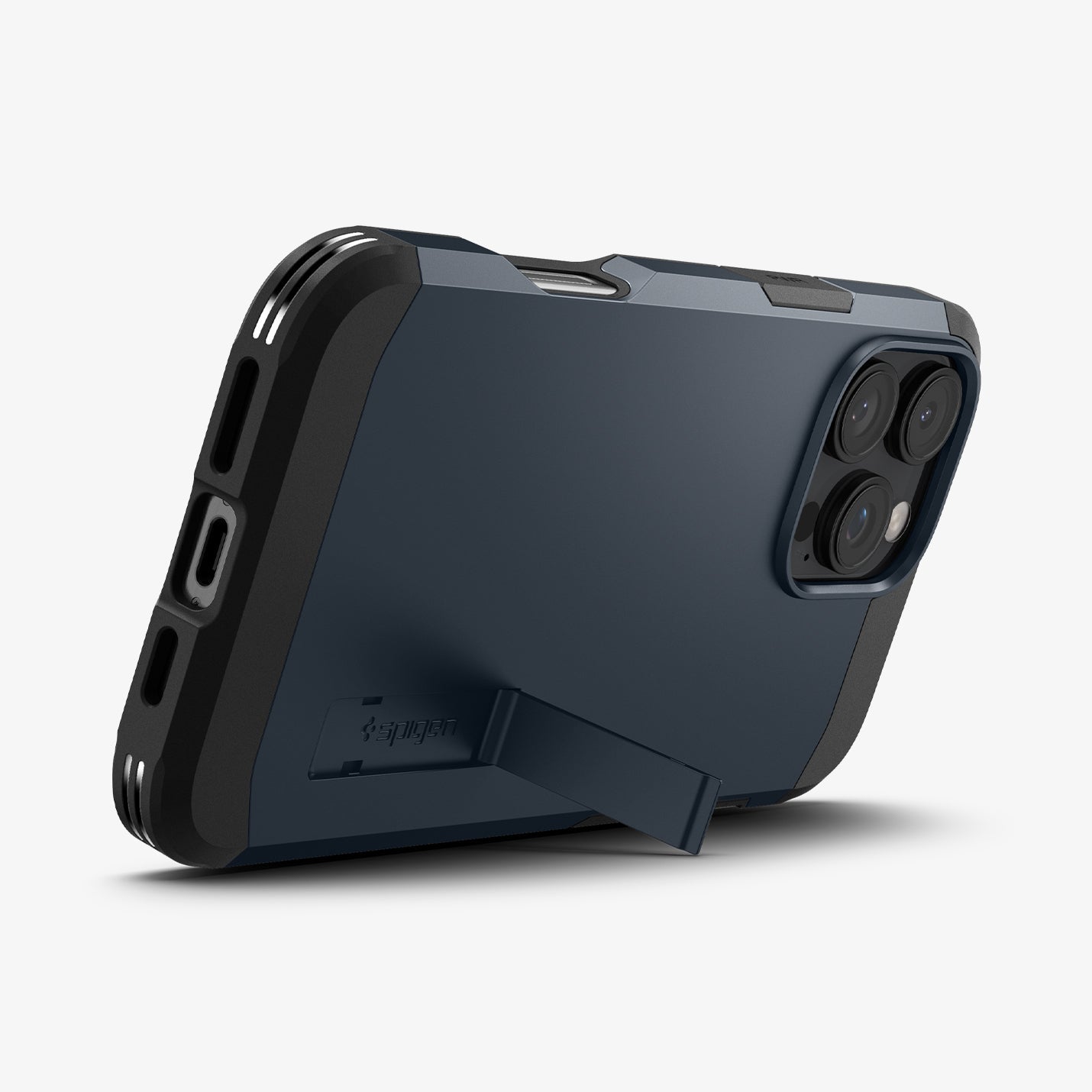 ACS08147 - iPhone 16 Pro Case Tough Armor AI (MagFit) in Metal Slate showing the back, partial side and bottom with built-in kickstand propped up