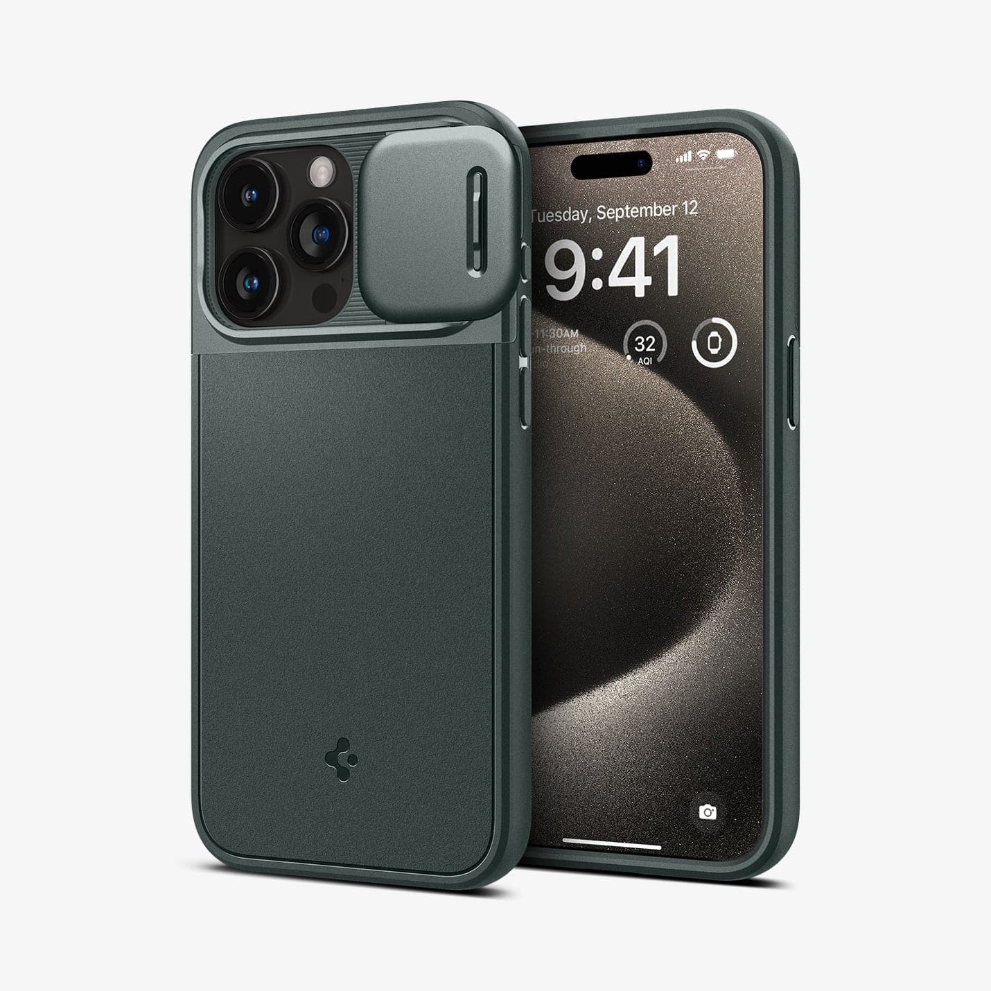 ACS06600 - iPhone 15 Pro Max Case Optik Armor (MagFit) in abyss green showing the back and front with lens slot open