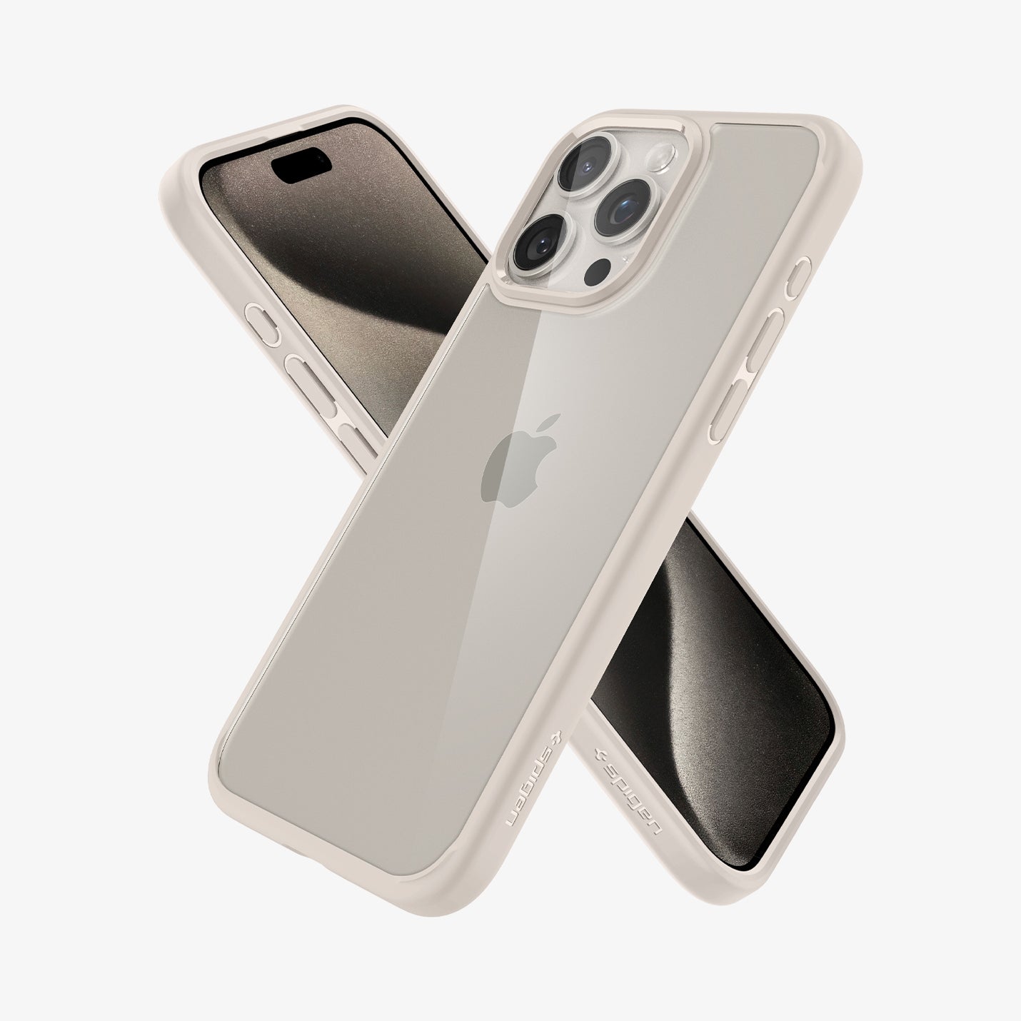 ACS07209 - iPhone 15 Series Ultra Hybrid Case in Natural Titanium showing the back of device overlapping another device facing front, with partial sides