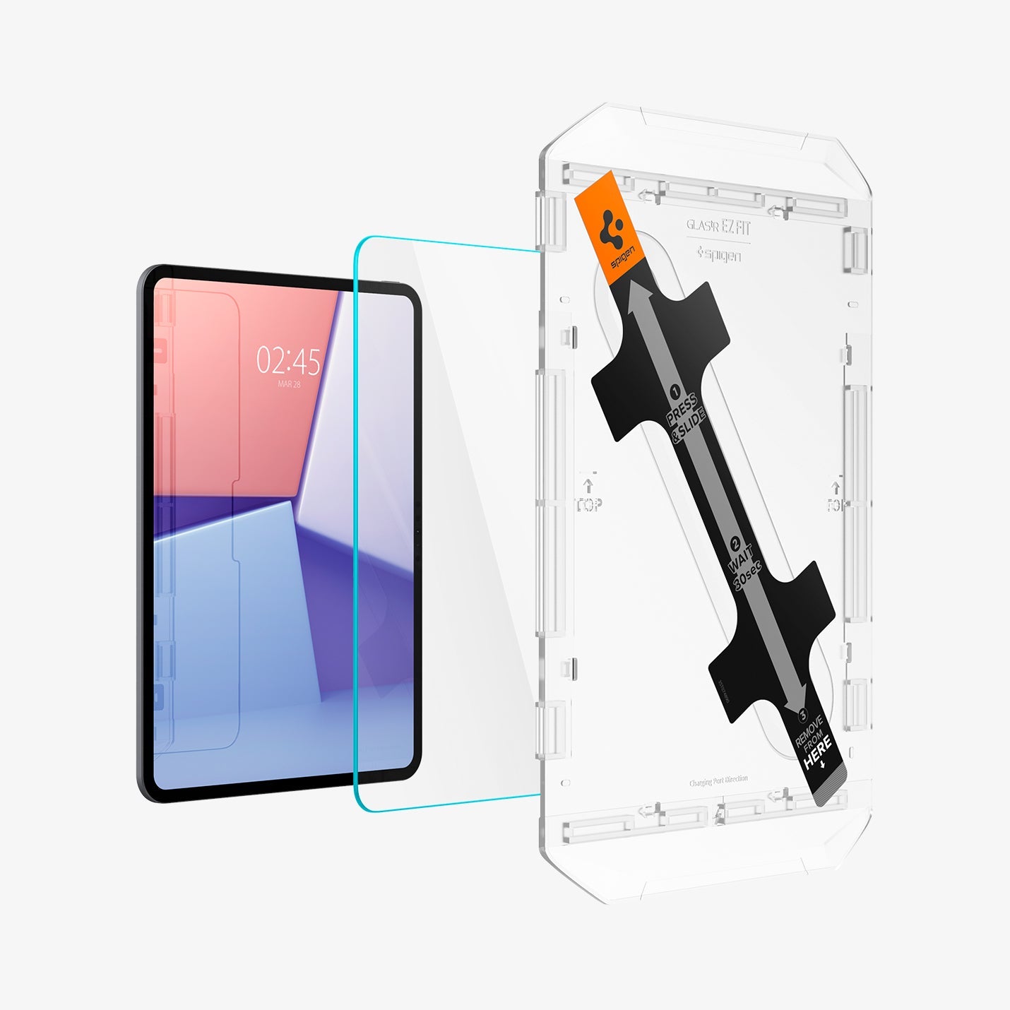 AGL07788 - iPad Pro 11-inch GLAS.tR EZ FIT in Clear showing the alignment tray hovering in front of a screen protector and a device