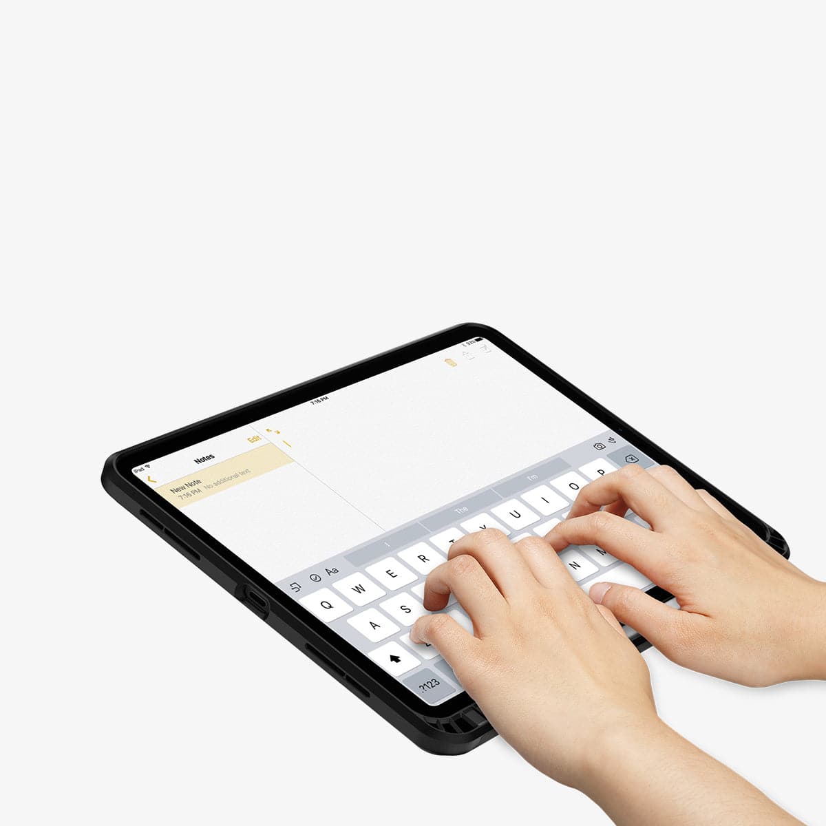 ACS01021 - iPad Pro 11" Case Tough Armor Pro in black showing the front with device propped up by built in kickstand and hands typing on screen